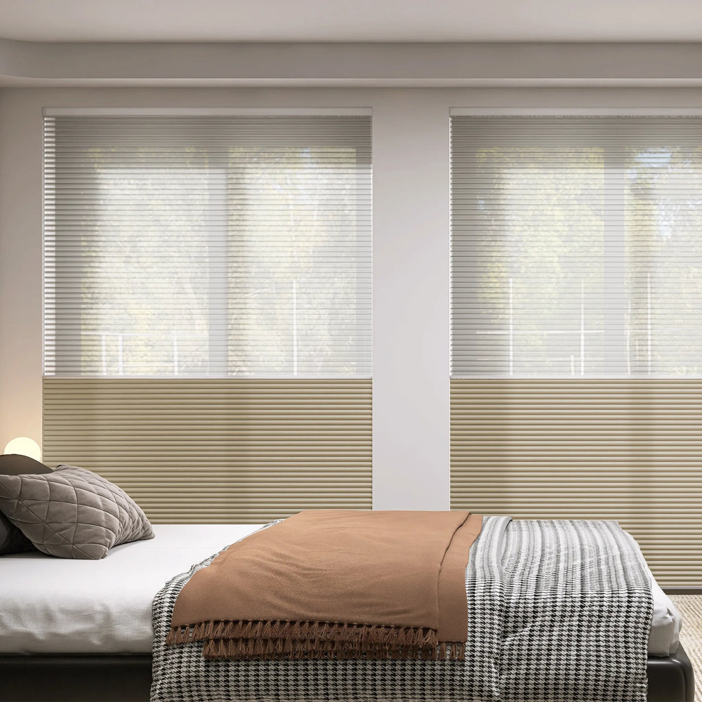 Bedroom with day & night shades partially open