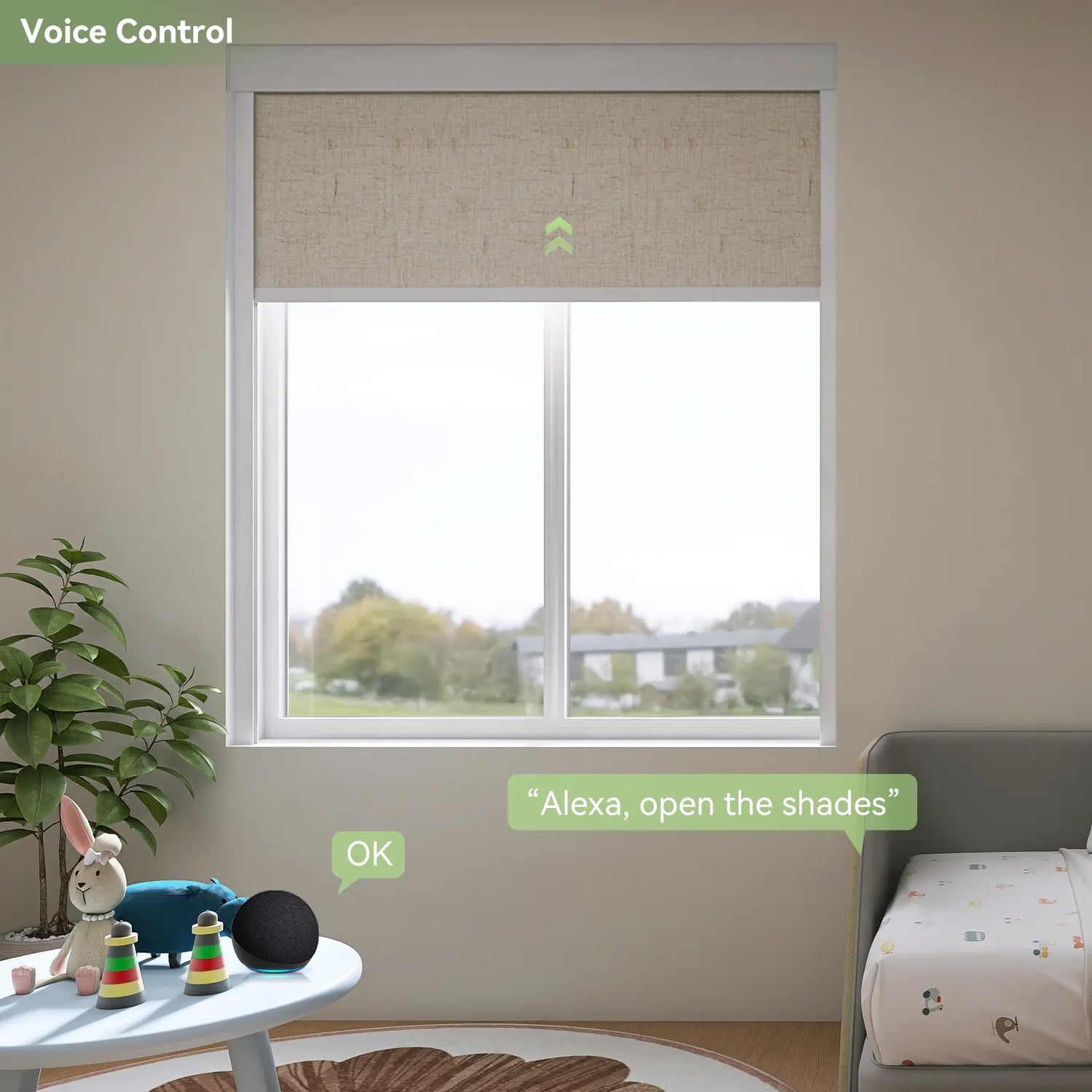 Voice Controlled Motorized Roller Shades in Bedroom