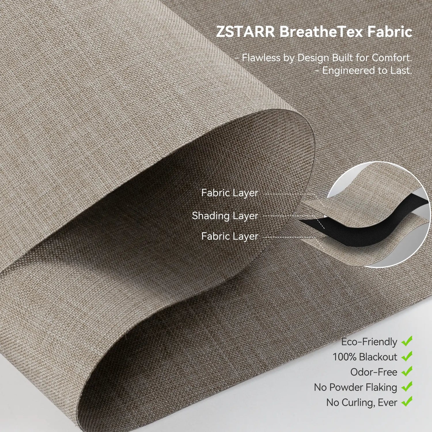 Close-up of BreatheTex jacquard nano-composite blackout fabric showing its premium texture