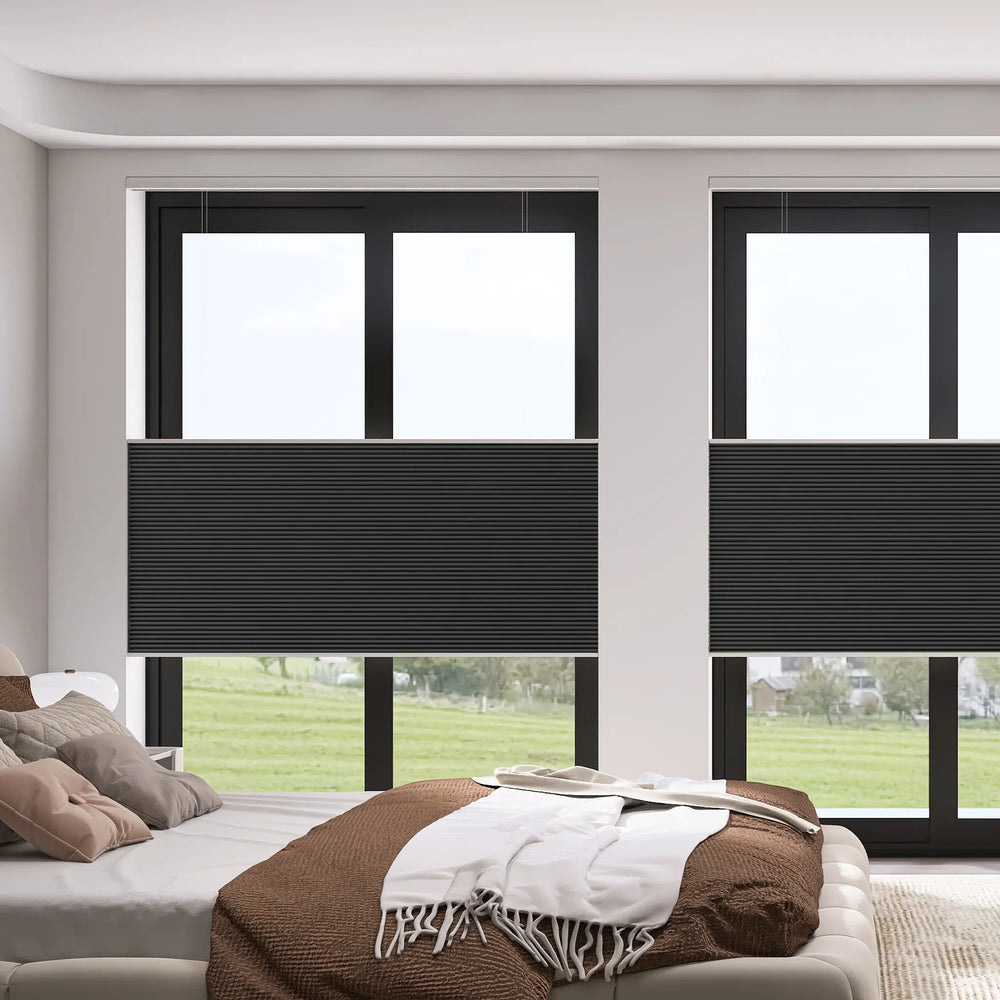 Top down bottom up blackout cellular shades half-open in bedroom