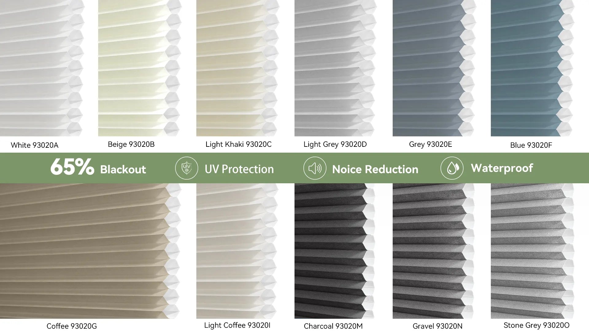 Color swatches of 11 different 65% blackout cellular shade fabrics