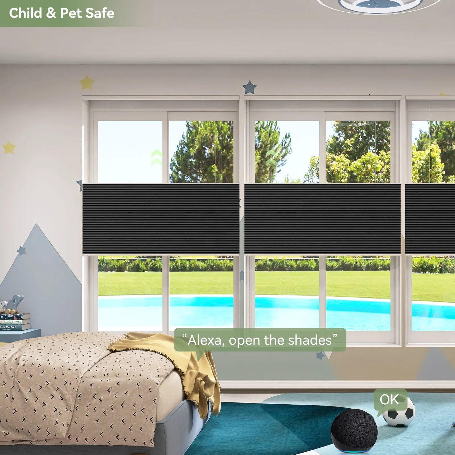 Cordless blackout cellular shades for child safety in bedroom