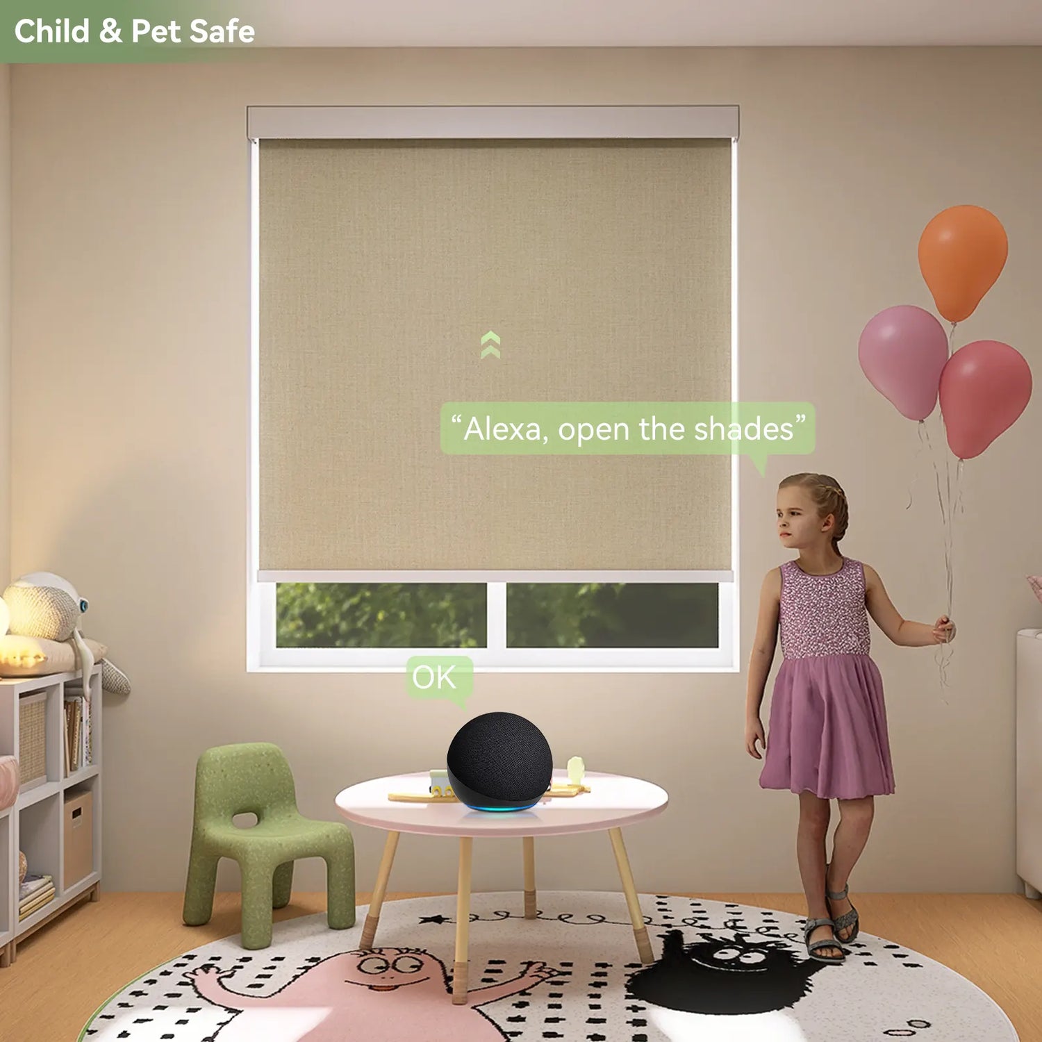 Cordless motorized roller shades in a colorful children’s bedroom