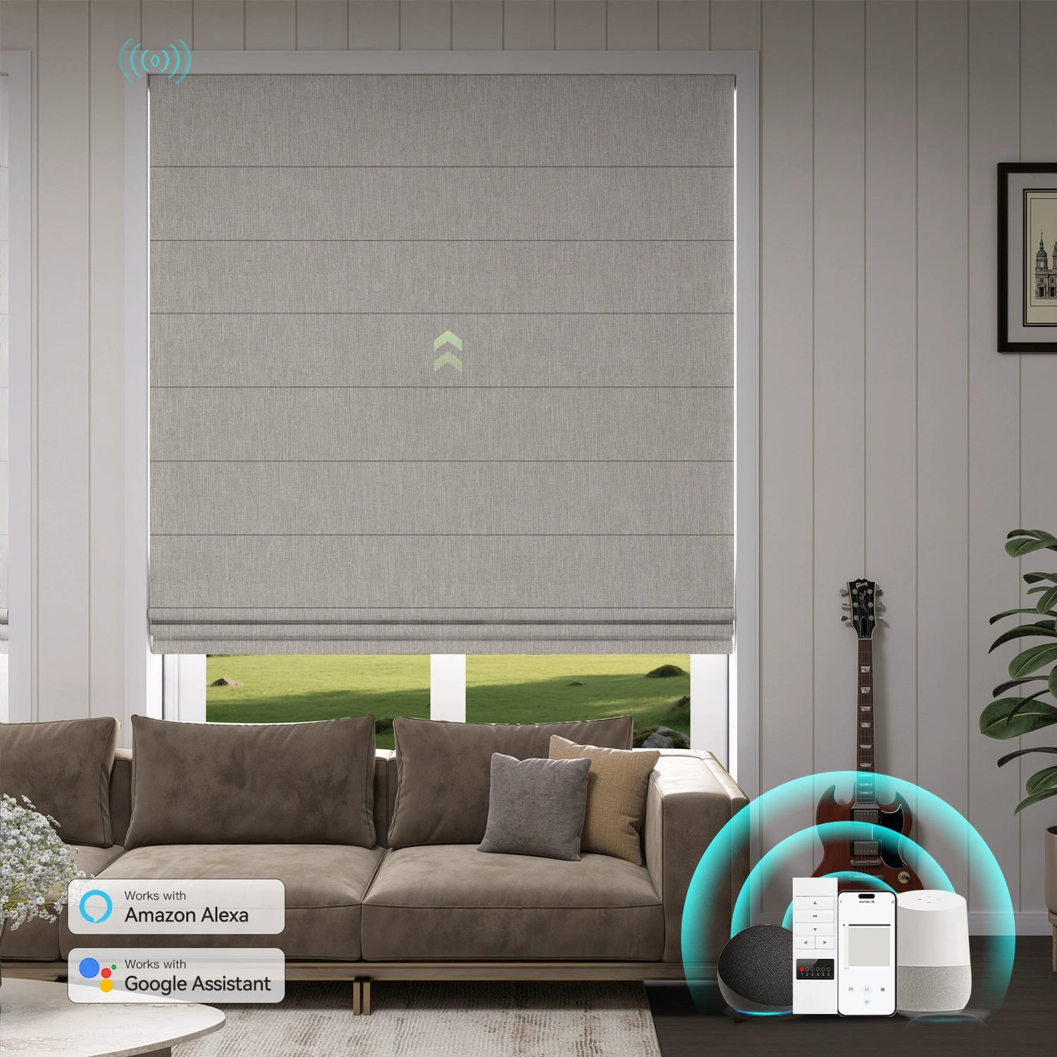 Cordless Roman shades in a family-friendly living room