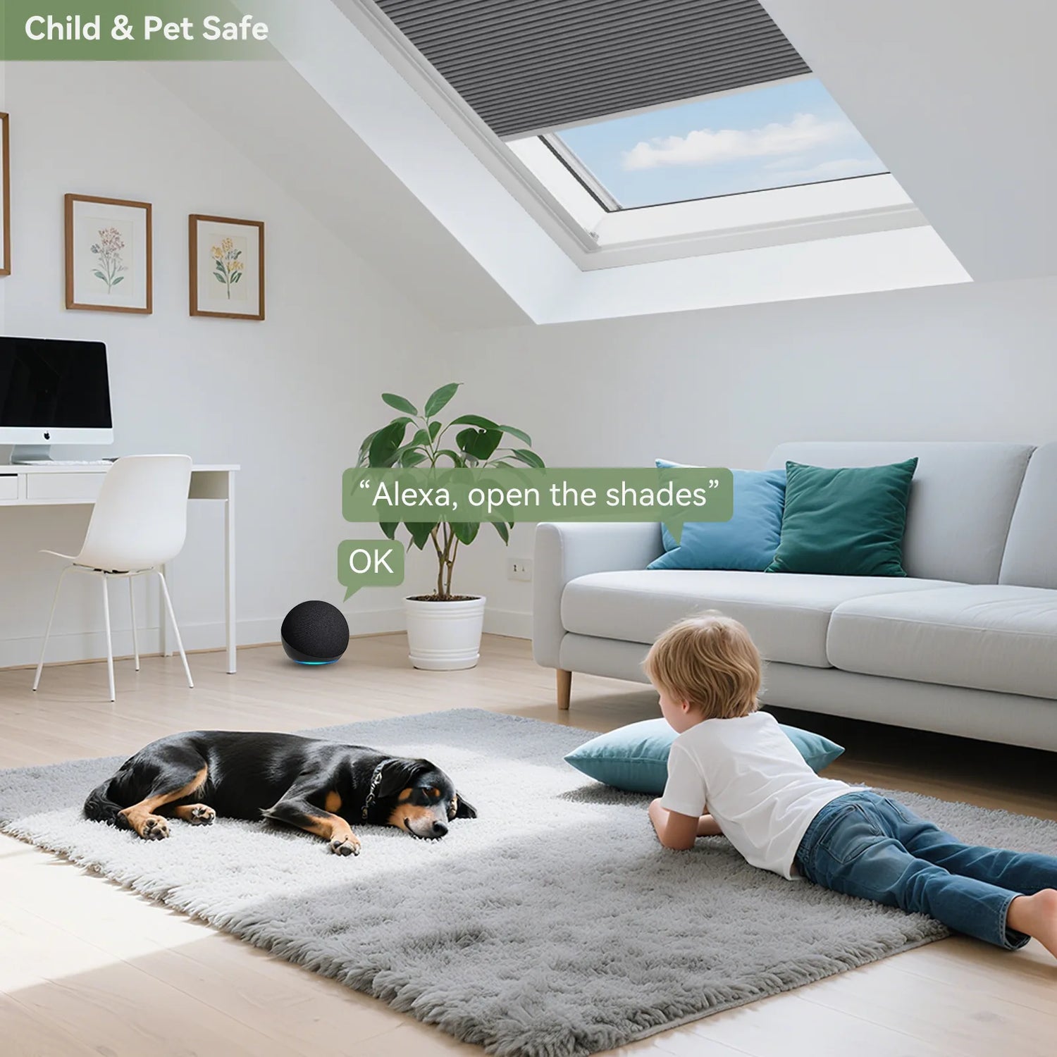 Child-safe motorized skylight shades installed in a dining area.