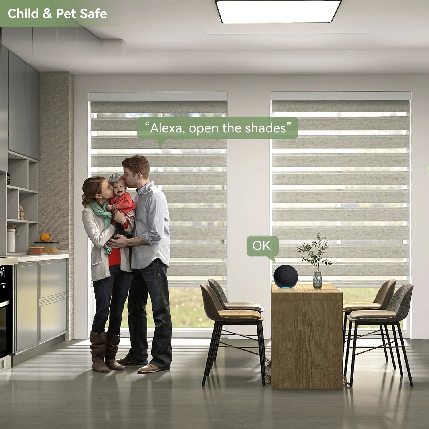 Dining room with child-safe cordless motorized zebra shades