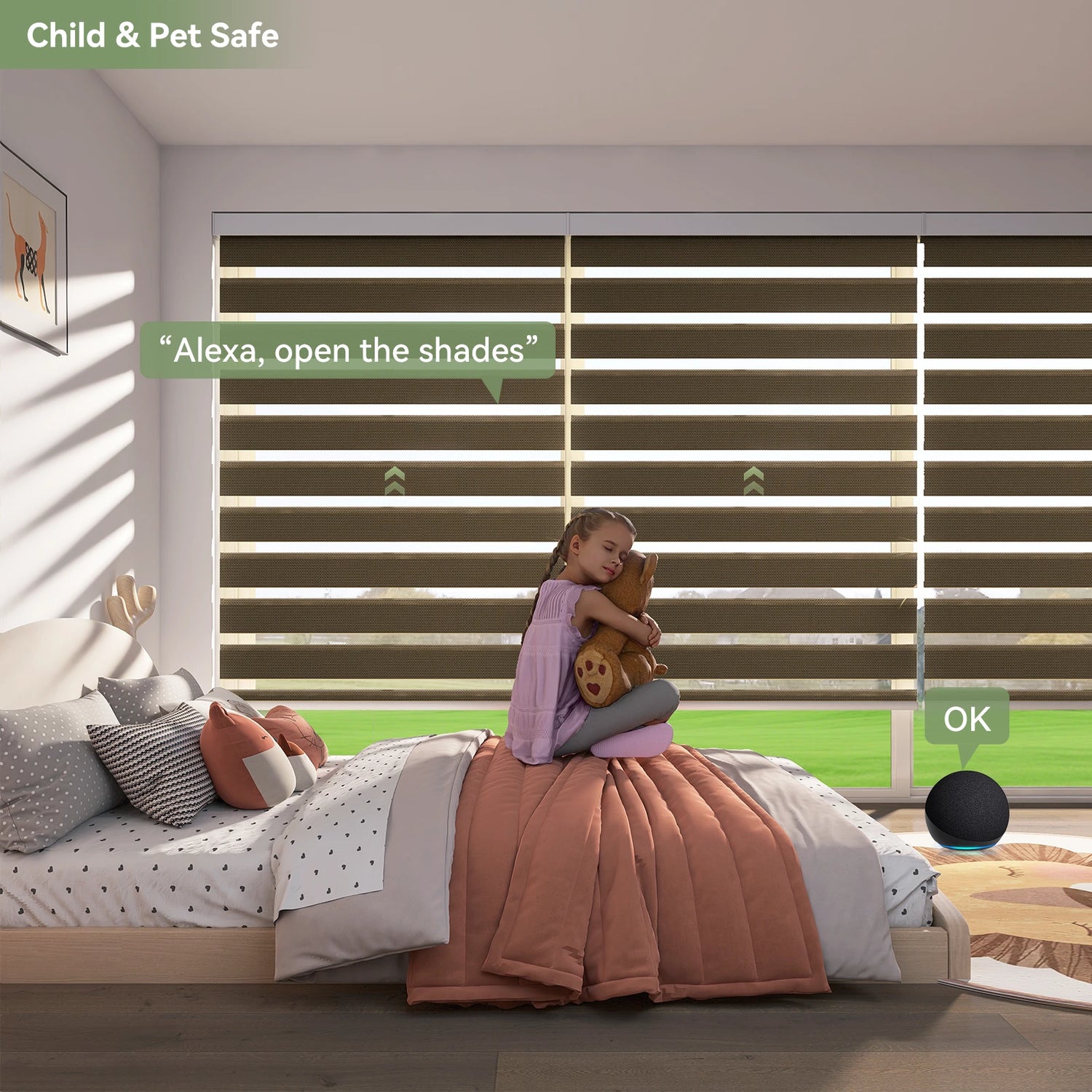 Cordless motorized zebra shades in a child-friendly bedroom