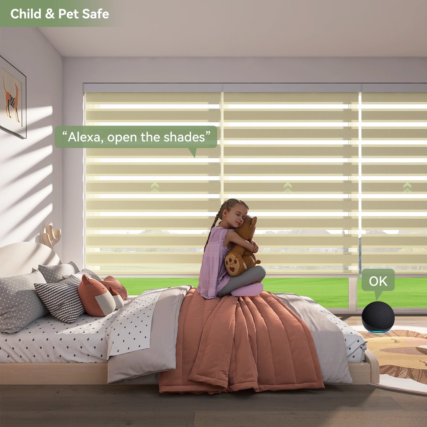 Cordless zebra shades in kid-safe bedroom