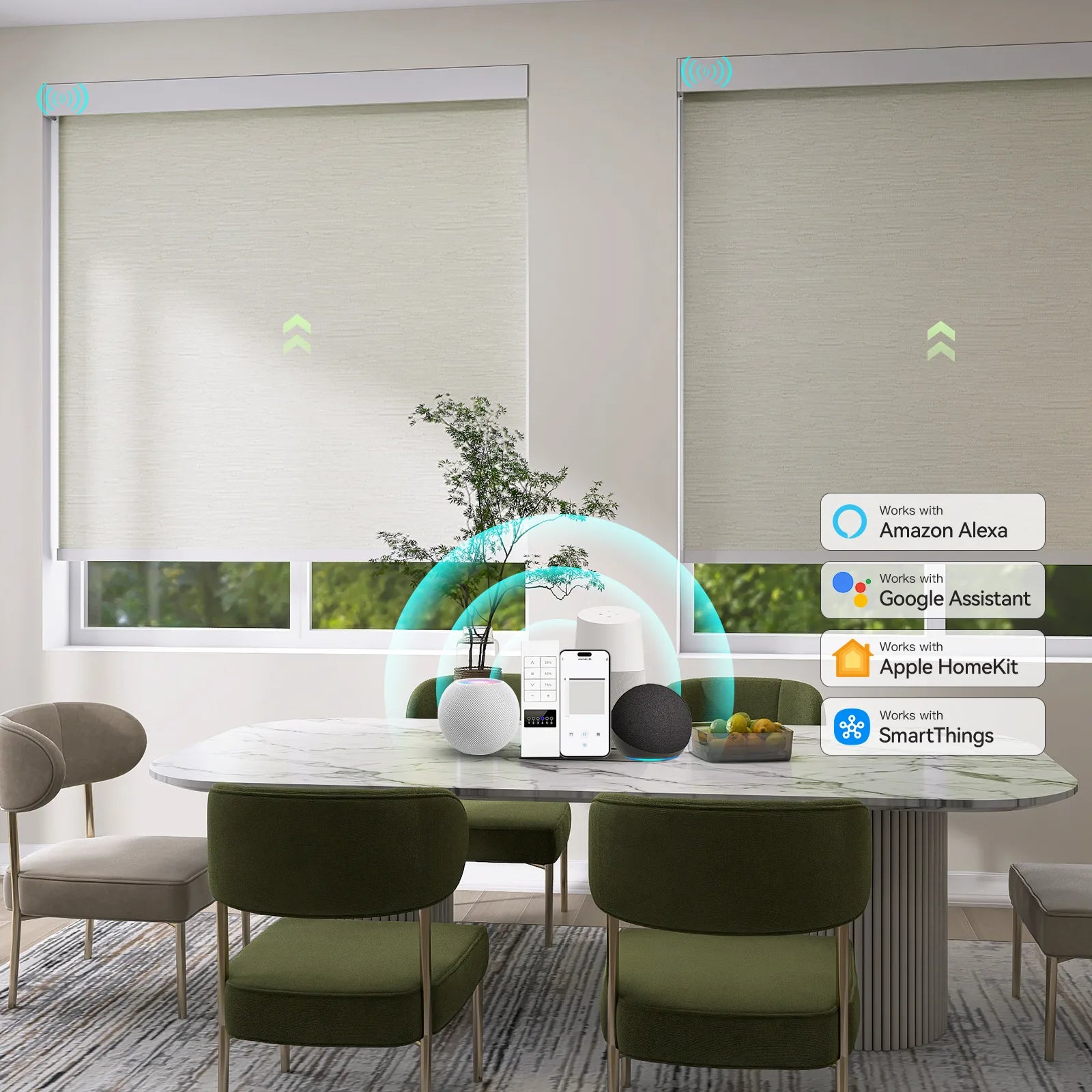 Motorized Blackout Roller Shades in a modern dining room with sunlight control