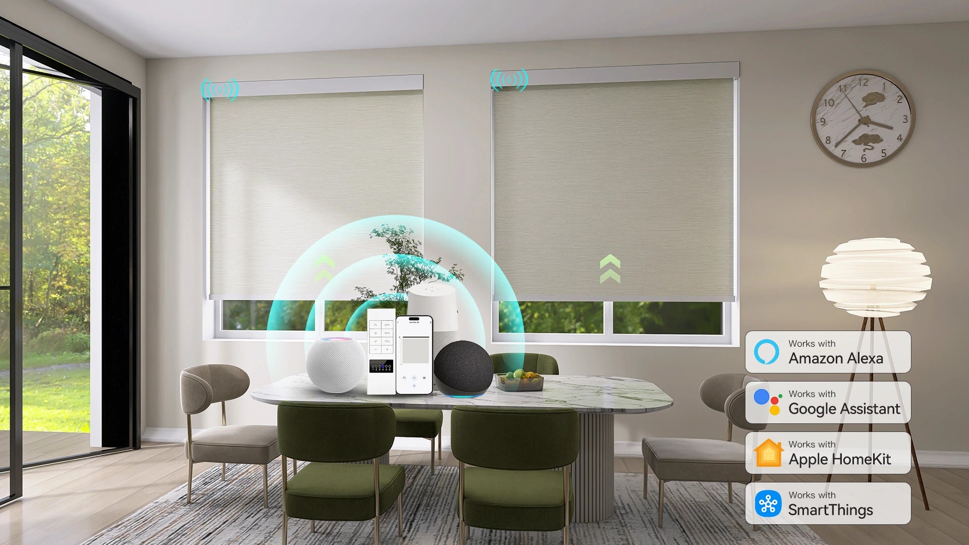 Motorized Blackout Roller Shades in a modern dining room with sunlight control