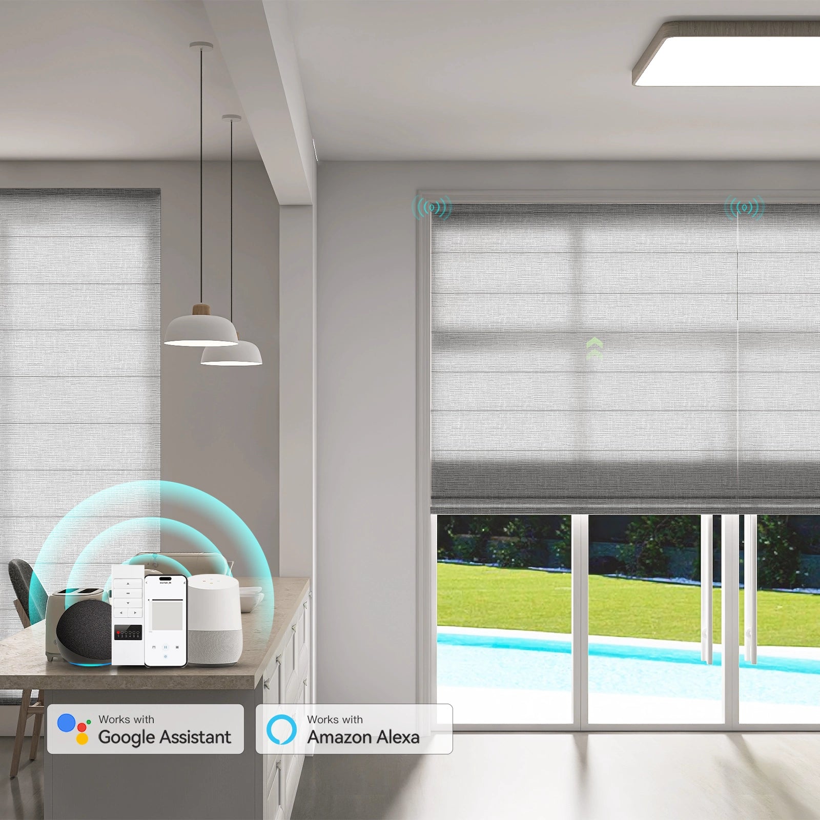Modern dining room featuring motorized Roman shades for adjustable lighting