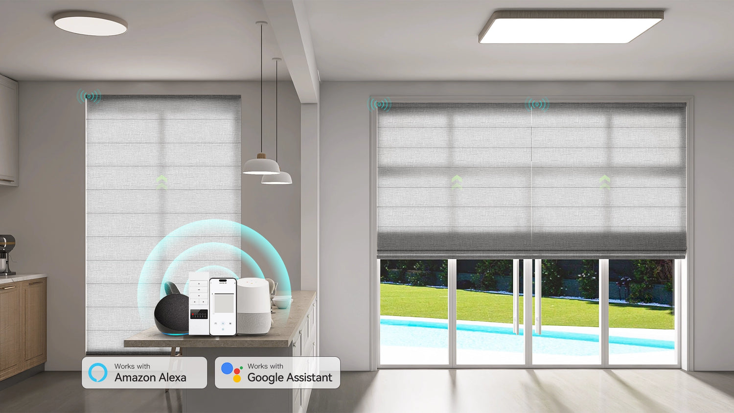Modern dining room featuring motorized Roman shades for adjustable lighting