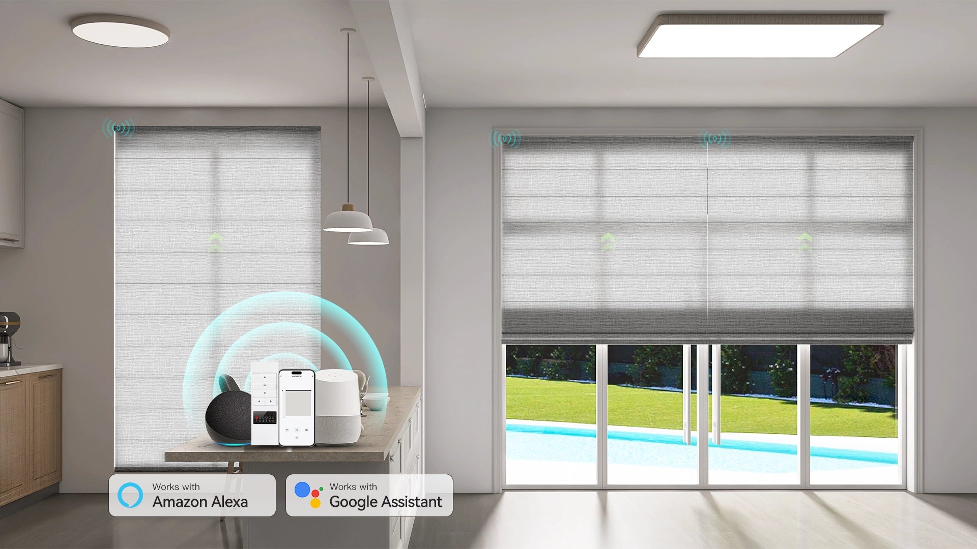 Modern dining room featuring motorized Roman shades for adjustable lighting