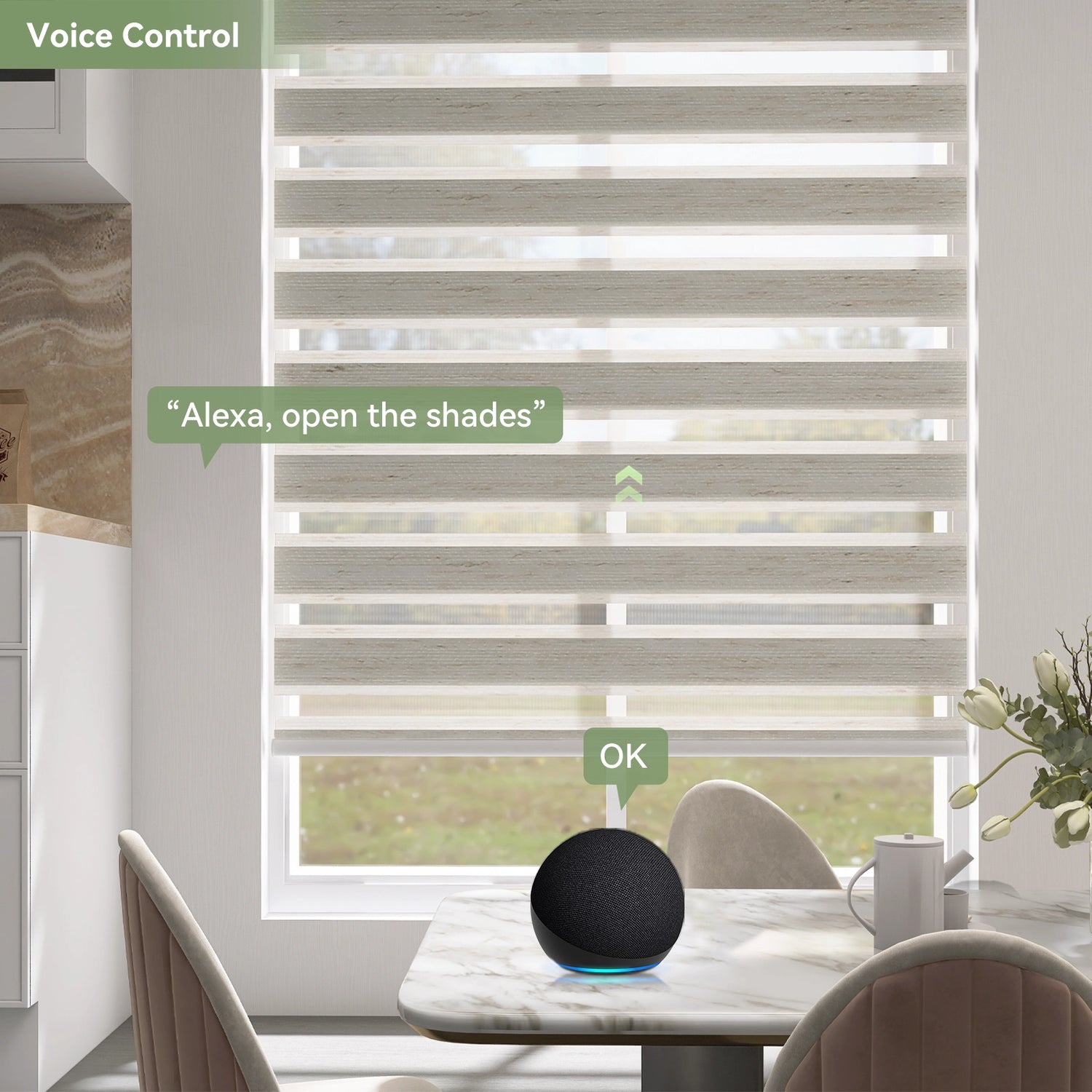 Dining room with voice-controlled motorized zebra shades
