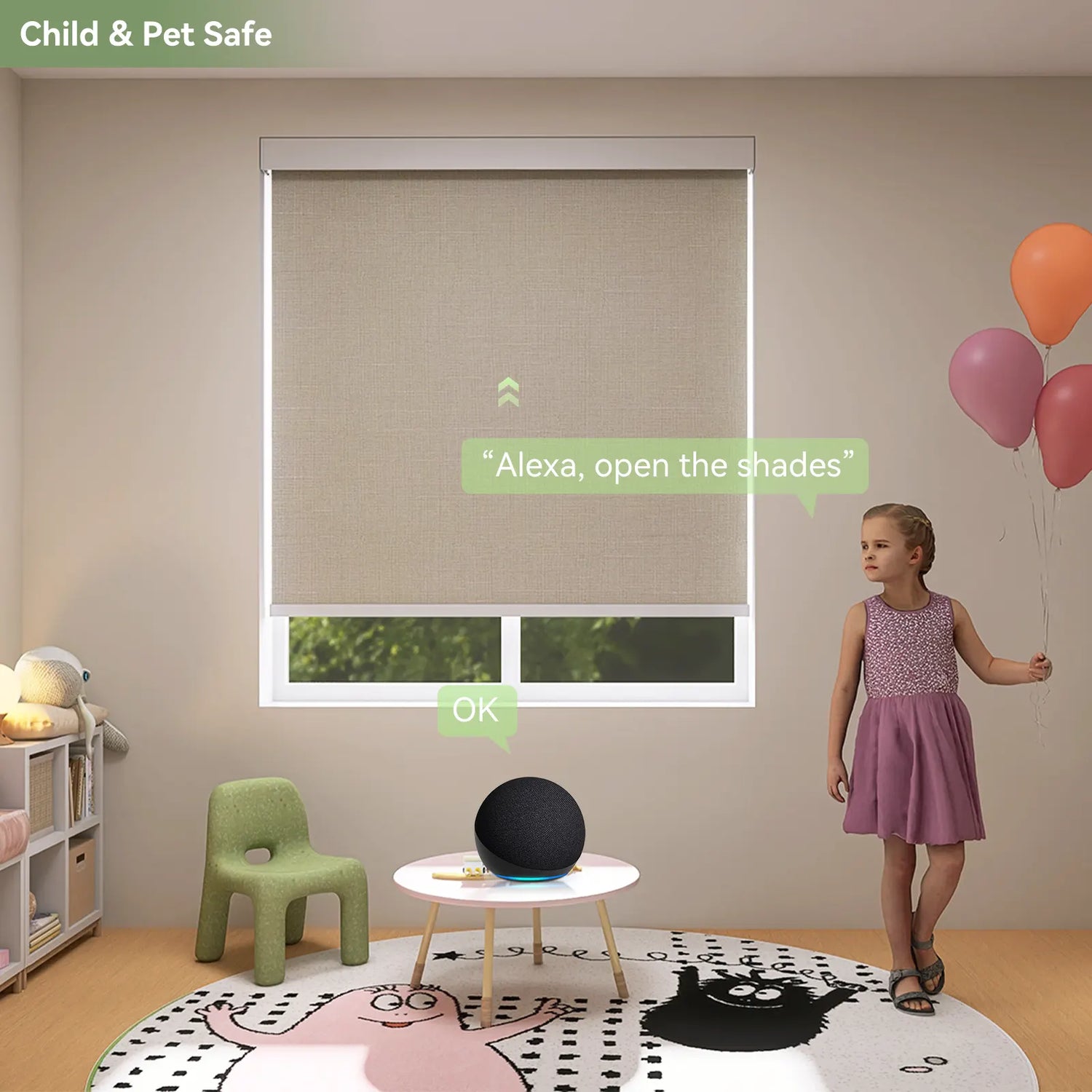 Child-safe ZSTARR Motorized Roller Shades in a playful nursery