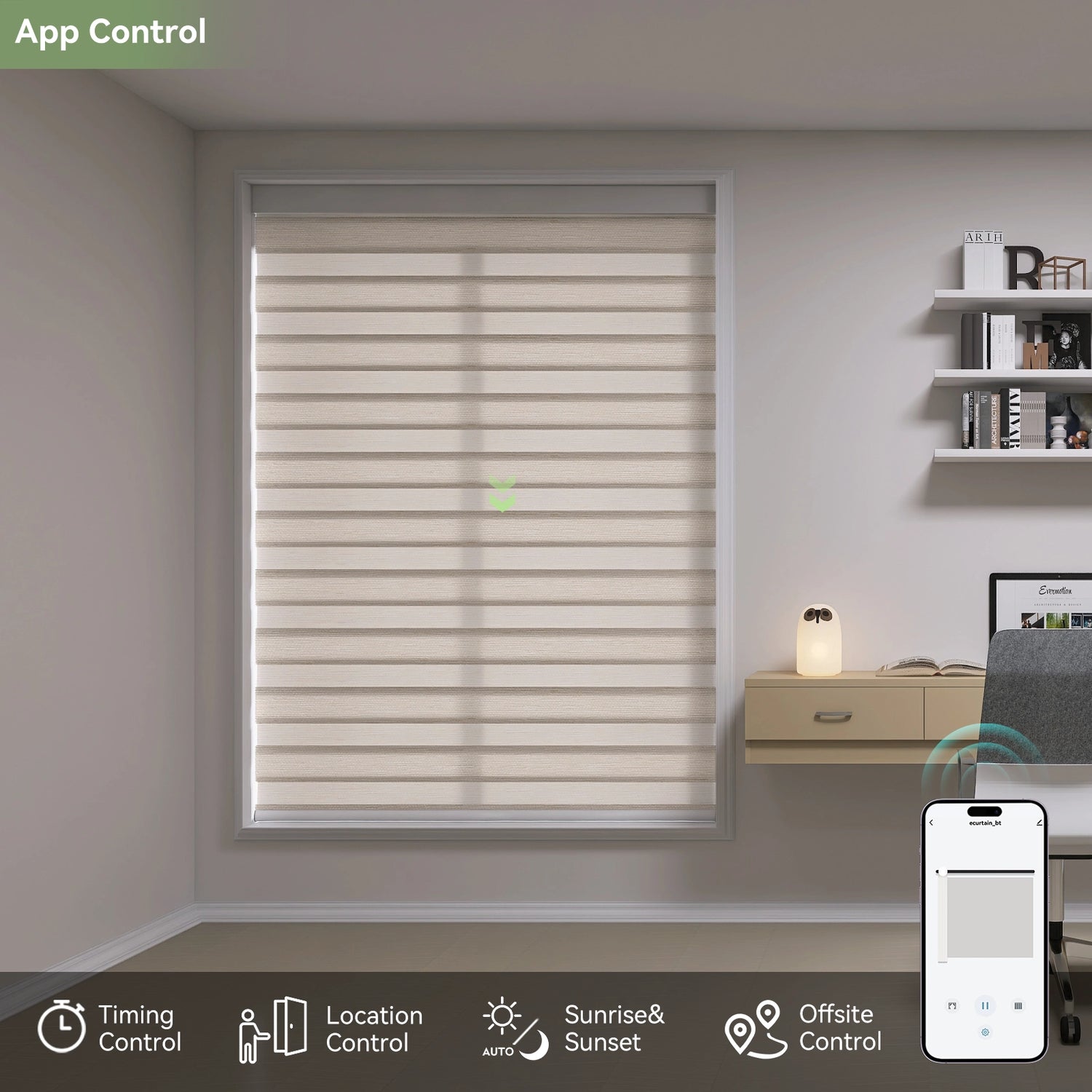 Home office showcasing smartphone app controlling motorized zebra shades