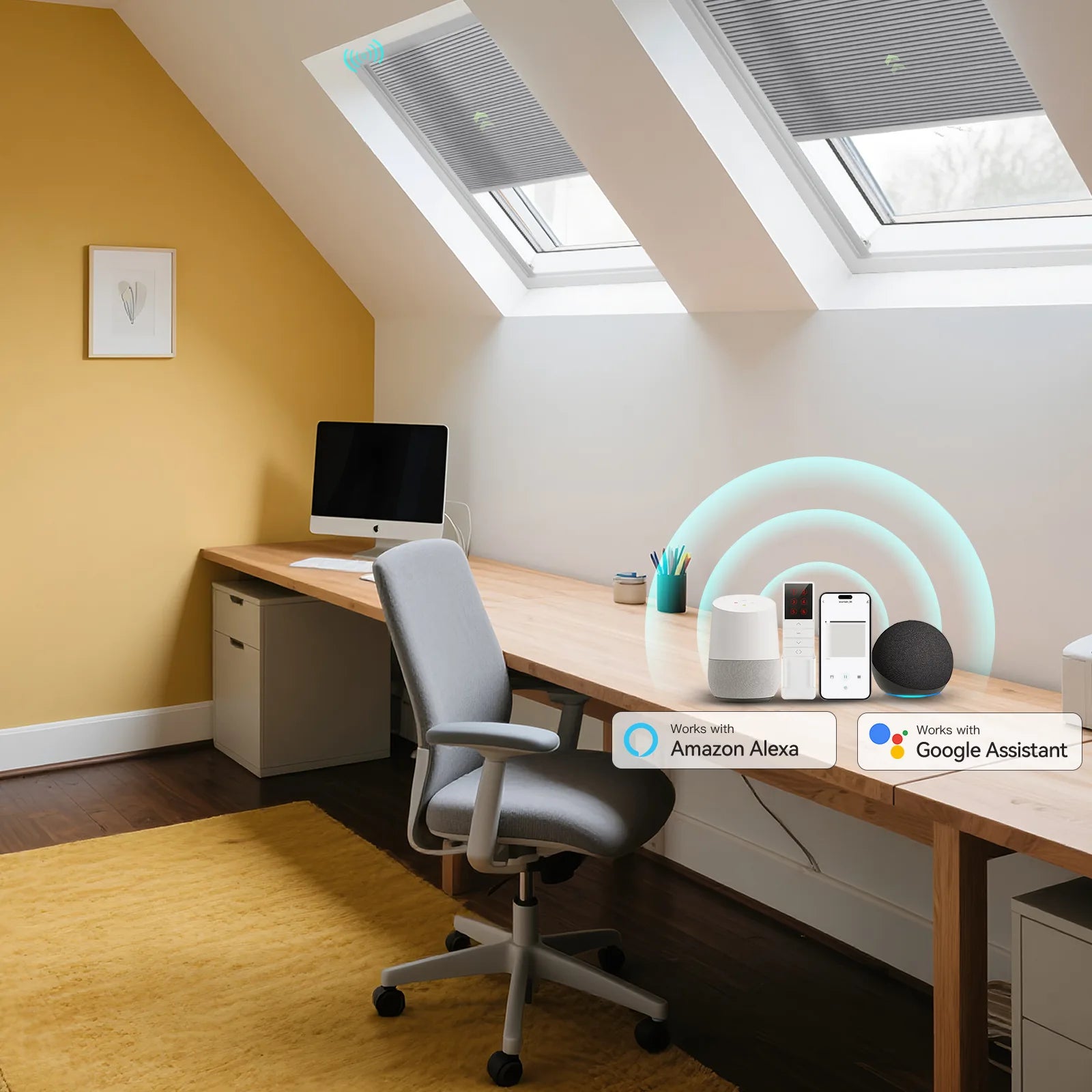 Home office featuring motorized light filtering skylight shades for optimal lighting.