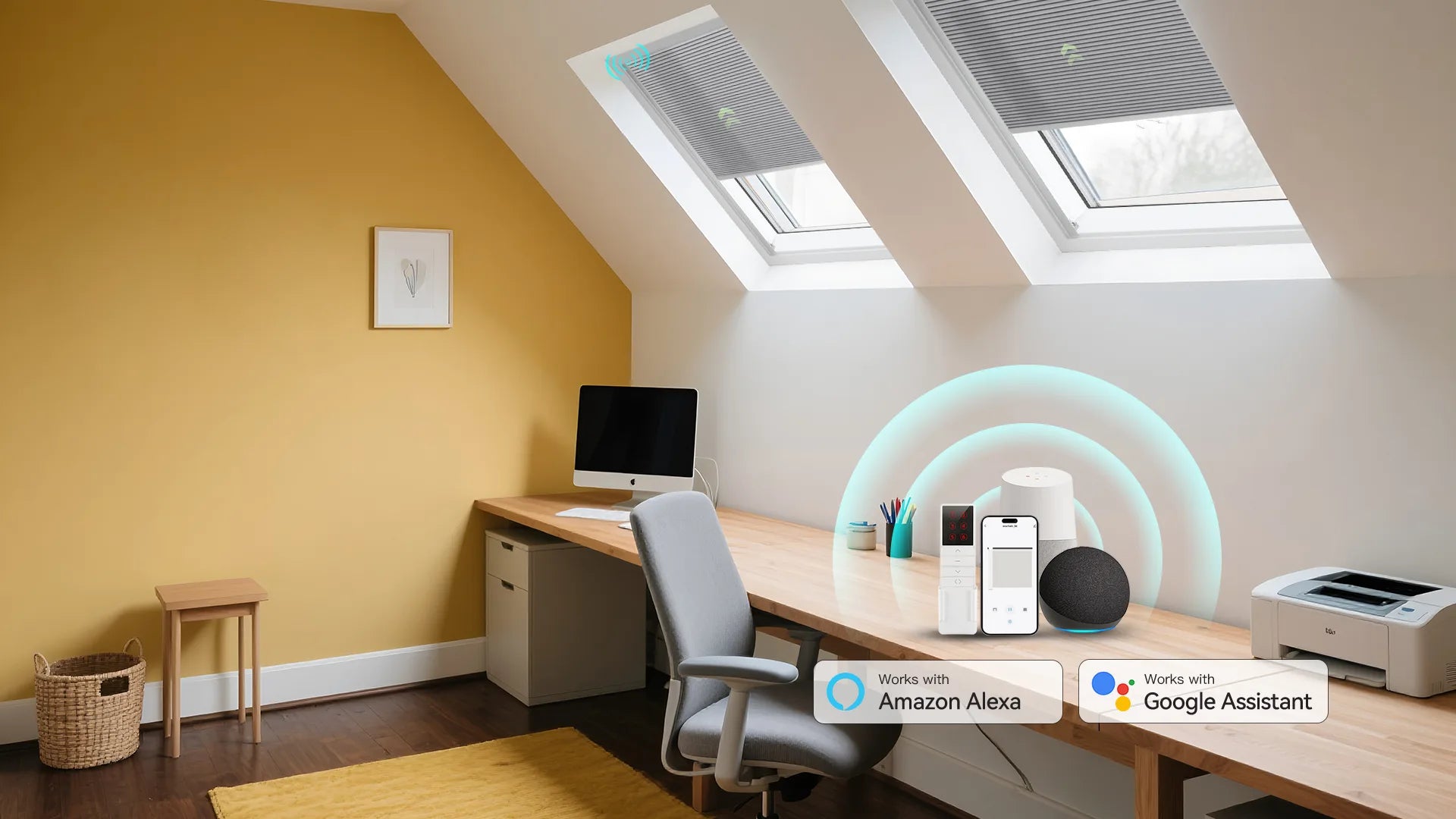 Home office featuring motorized light filtering skylight shades for optimal lighting.