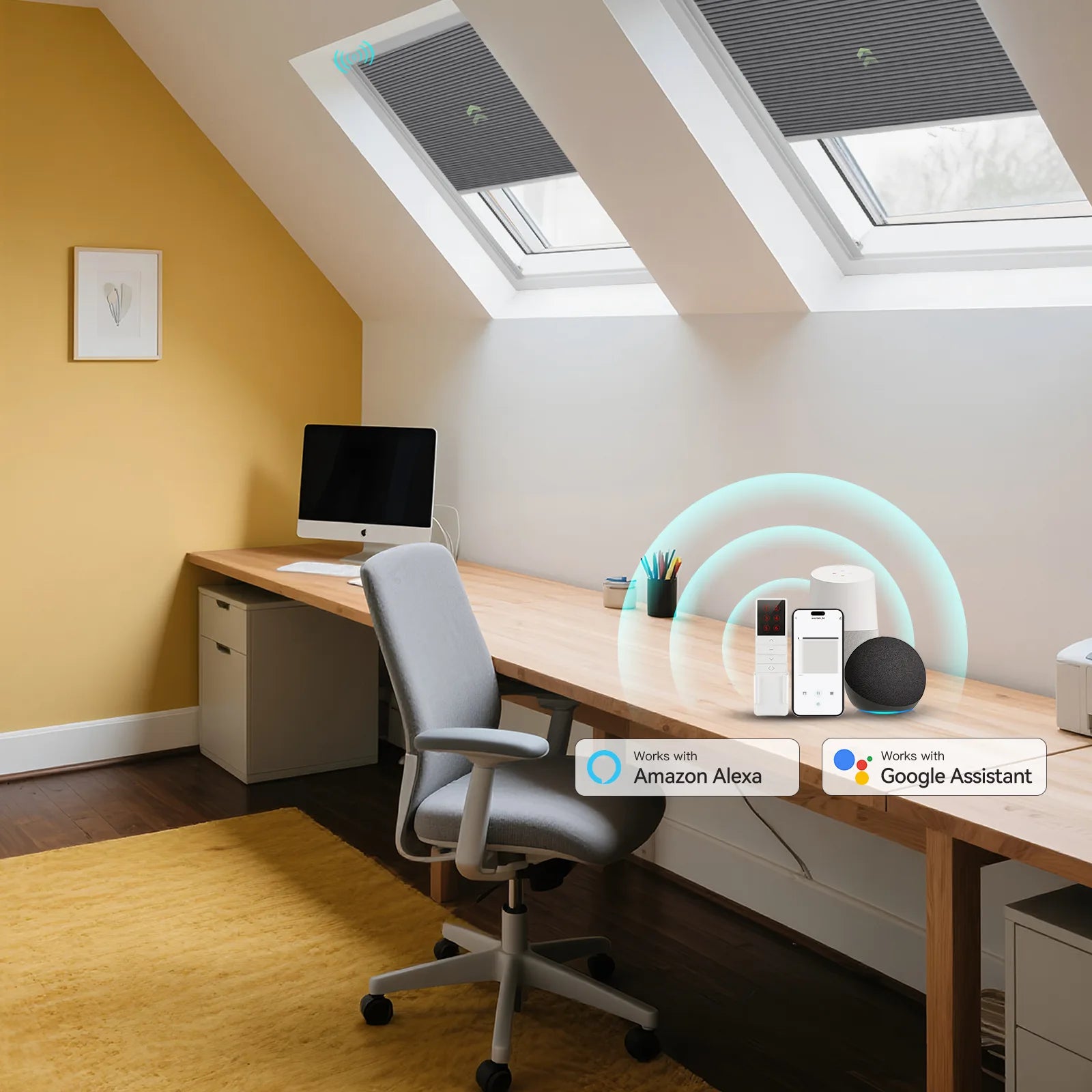 Home office featuring motorized blackout skylight shades for optimal light control.