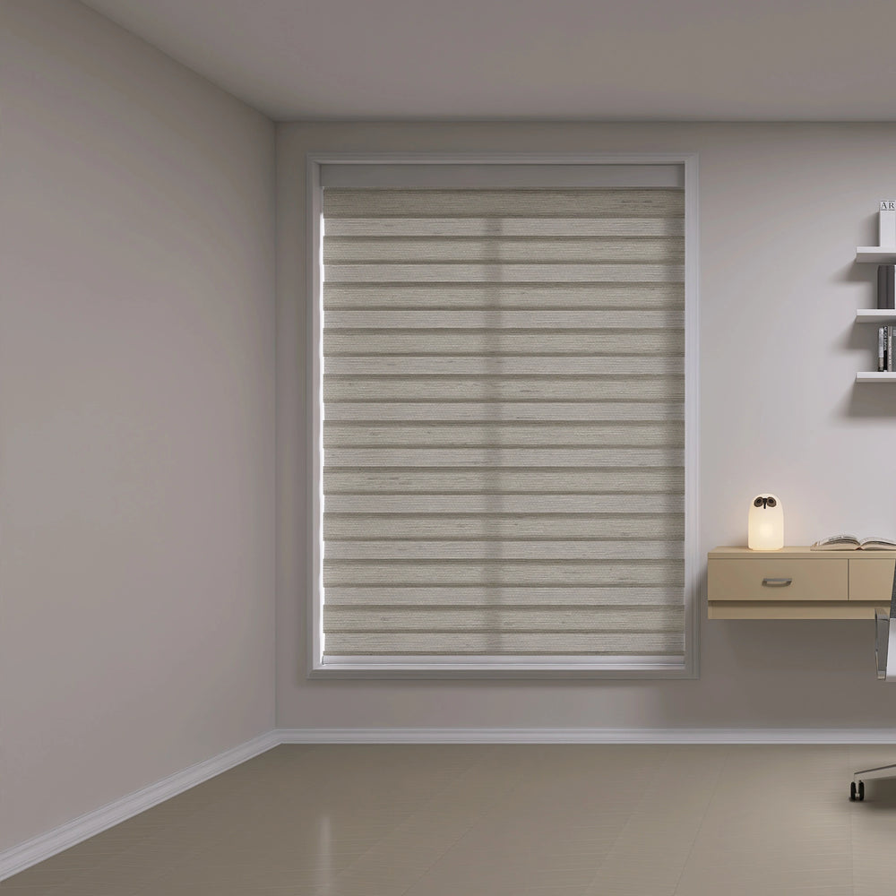 Home office with zebra shades in privacy mode blocking external view