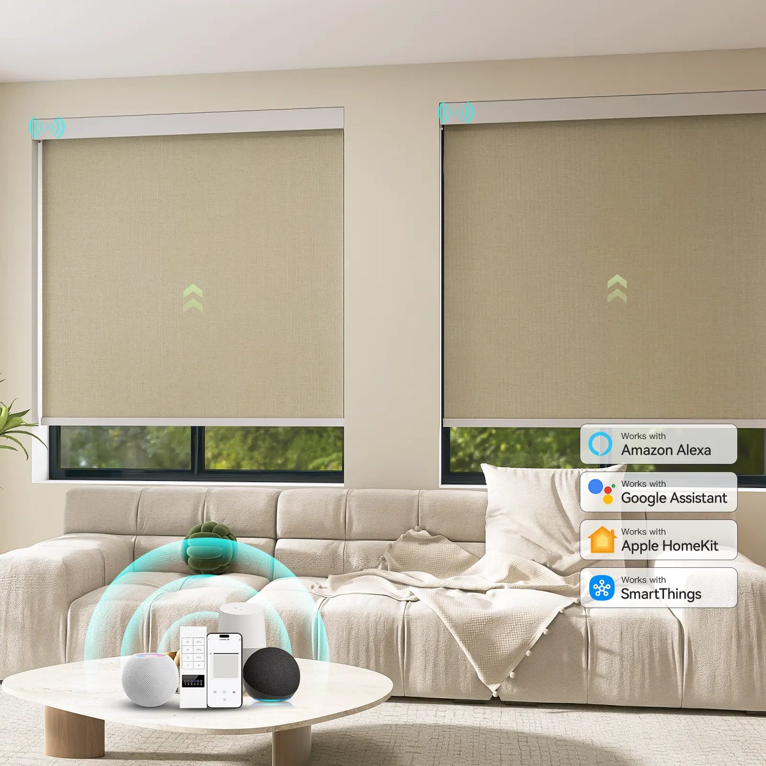 ZSTARR Motorized Roller Shades in modern living room with smart home integration