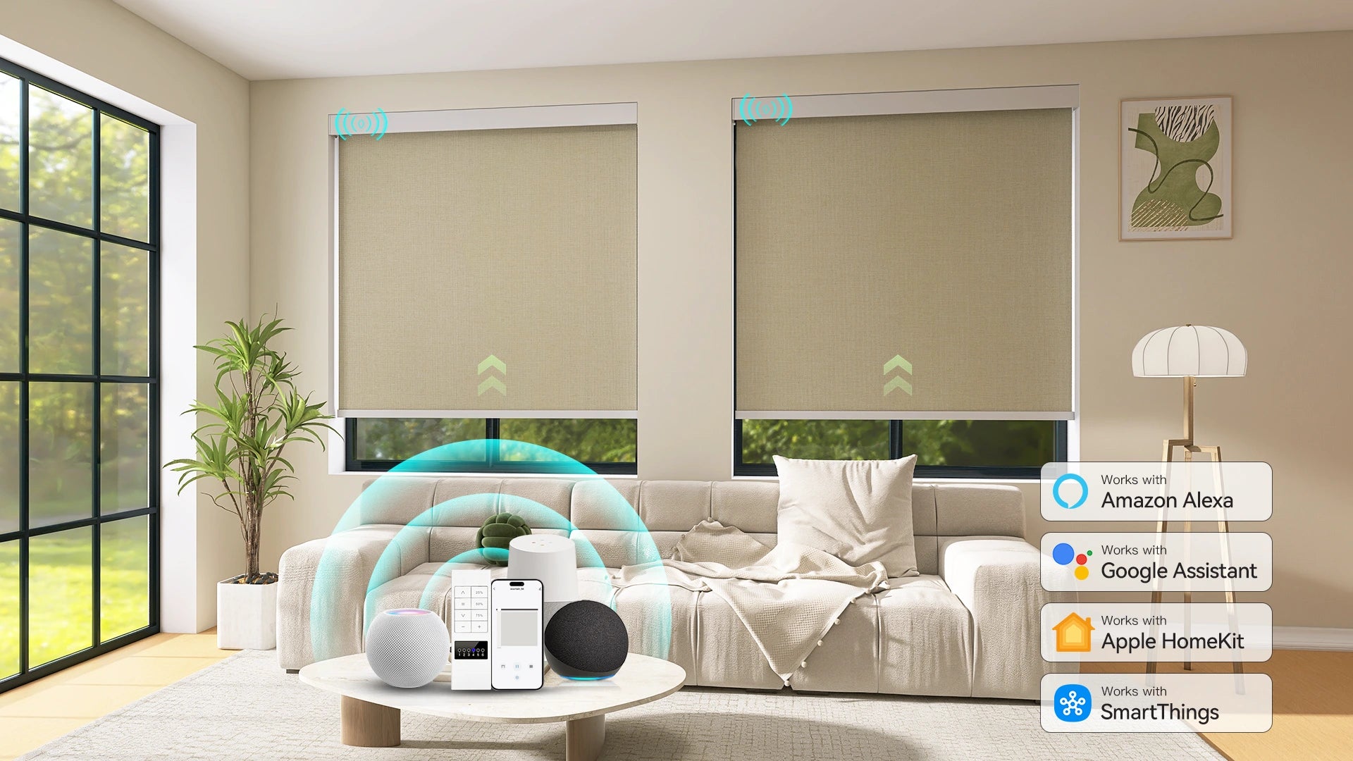 ZSTARR Motorized Roller Shades in modern living room with smart home integration