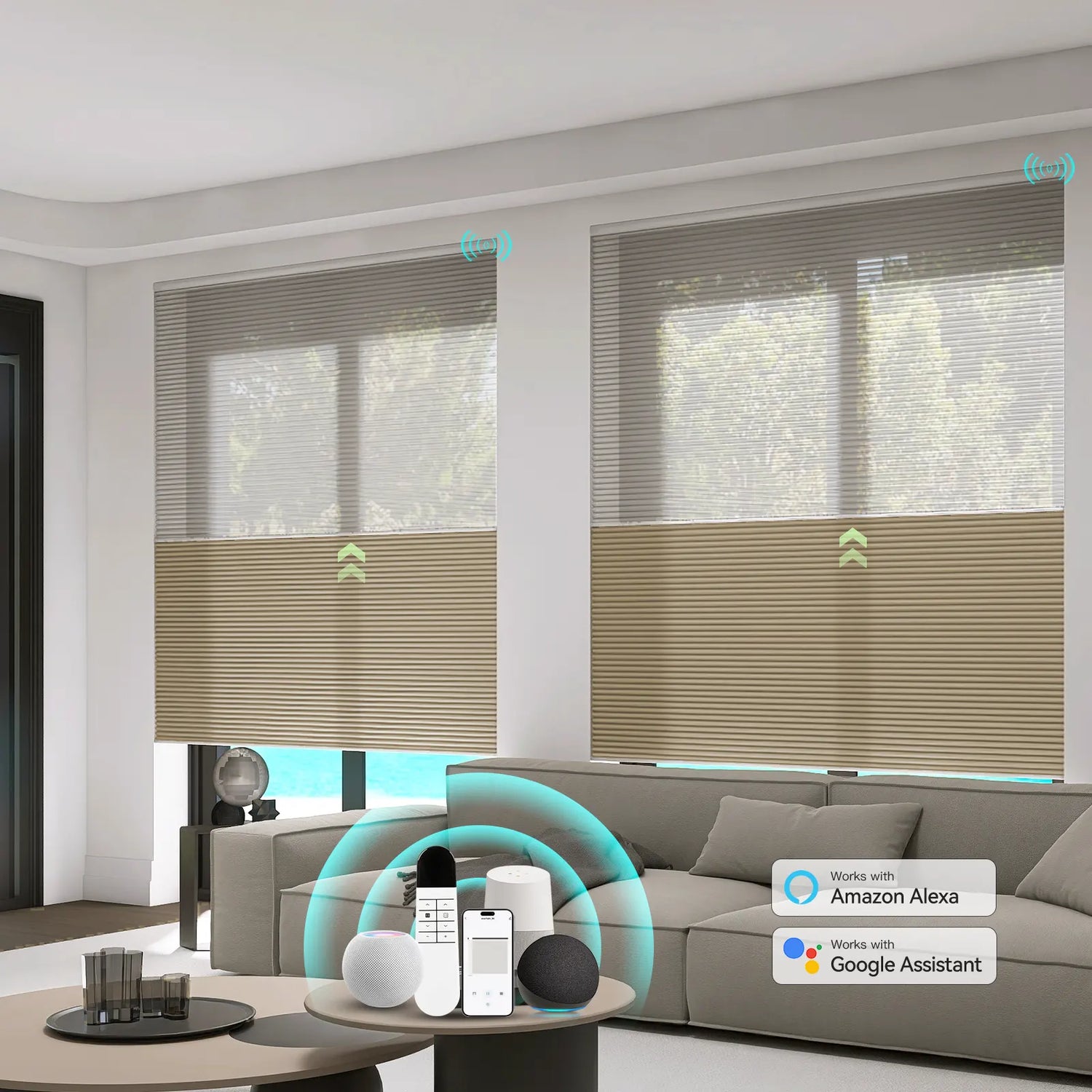 Modern living room featuring motorized day and night cellular shades.