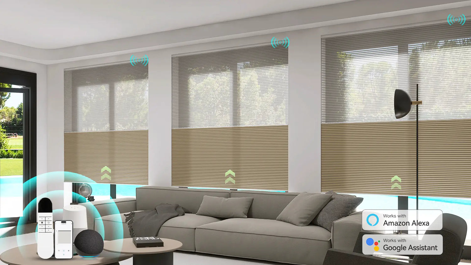 Modern living room featuring motorized day and night cellular shades.