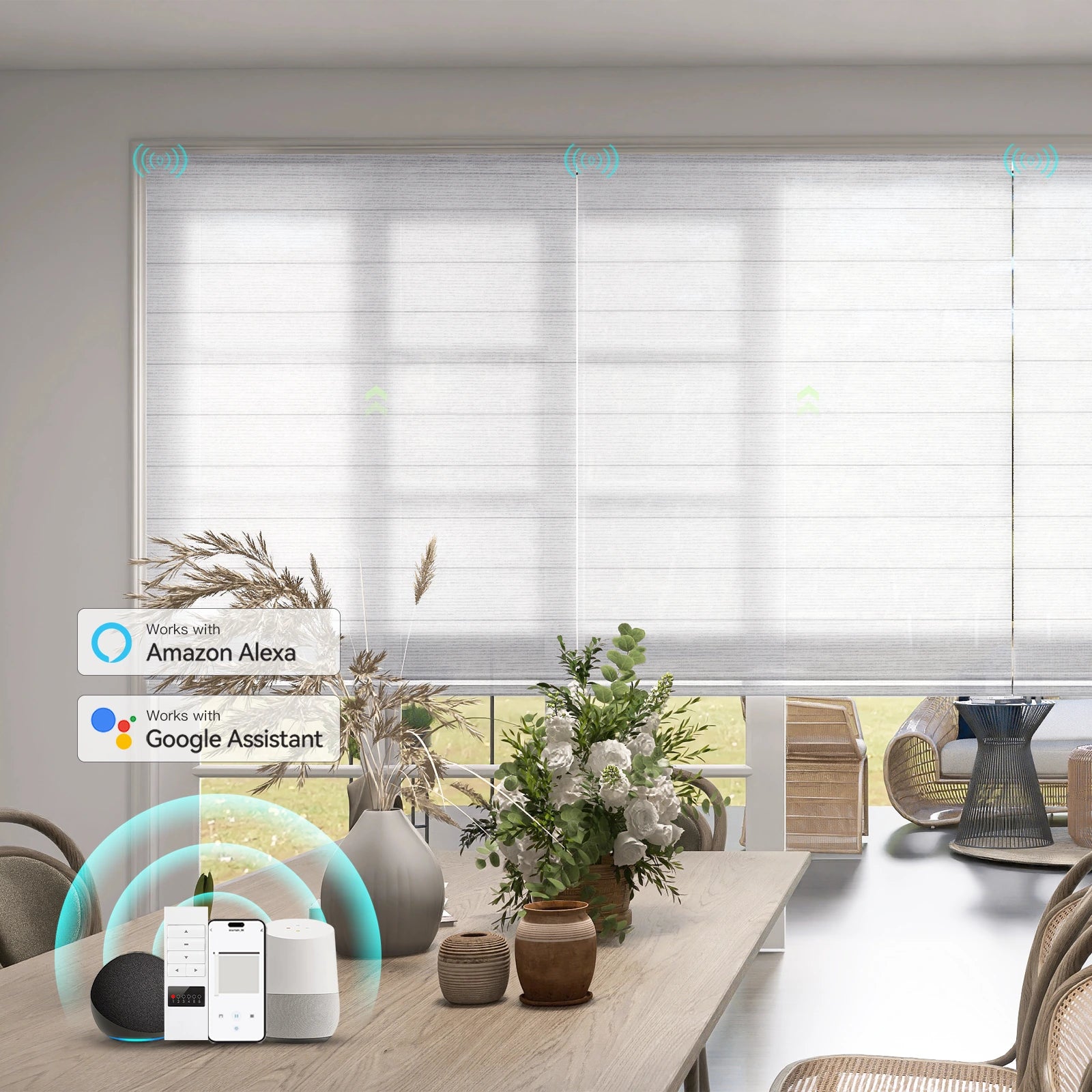 Motorized Roman Shades in a modern living room