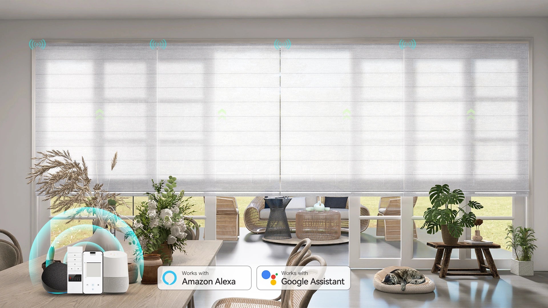 Motorized Roman Shades in a modern living room
