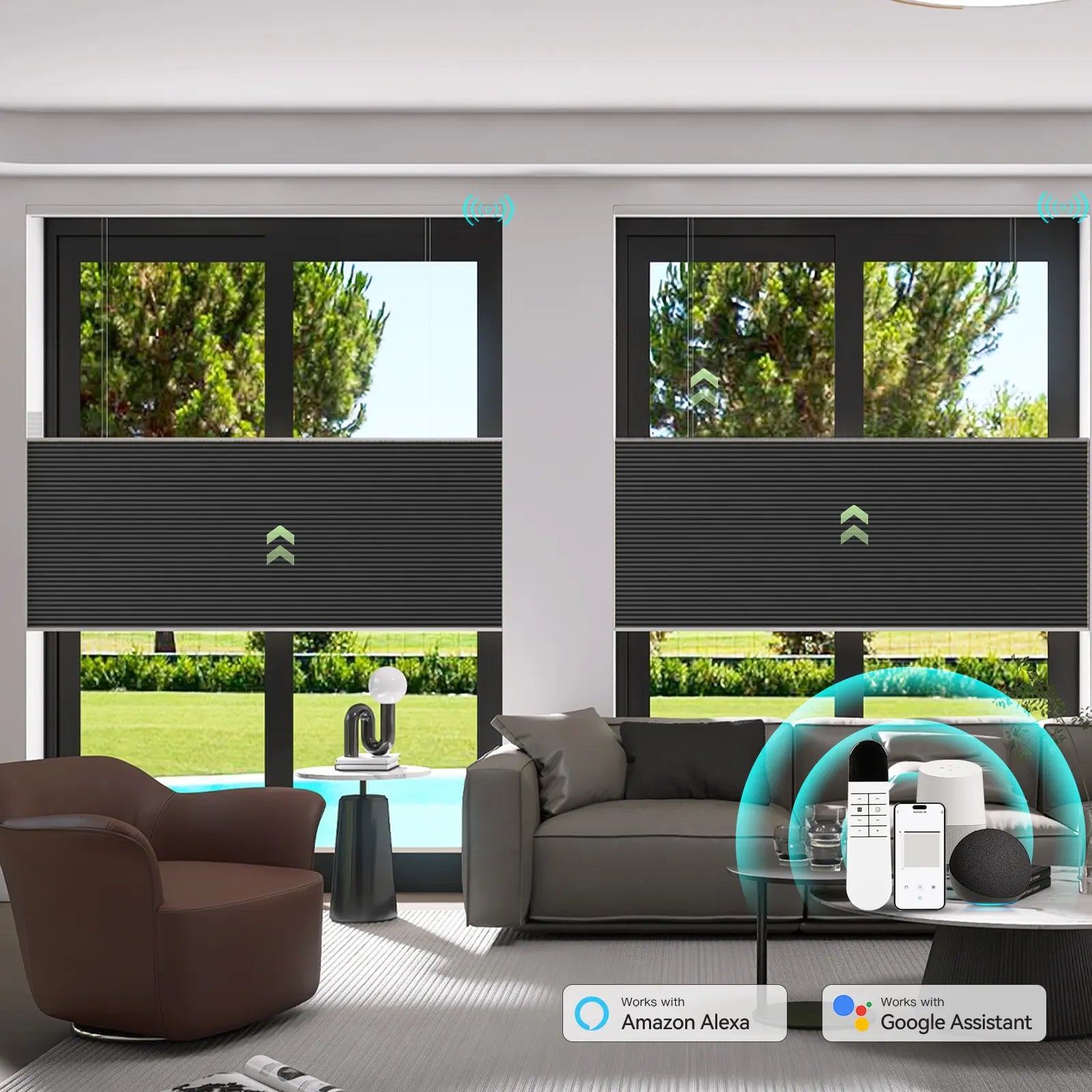 Motorized Blackout Top Down Bottom Up Cellular Shades in modern living room