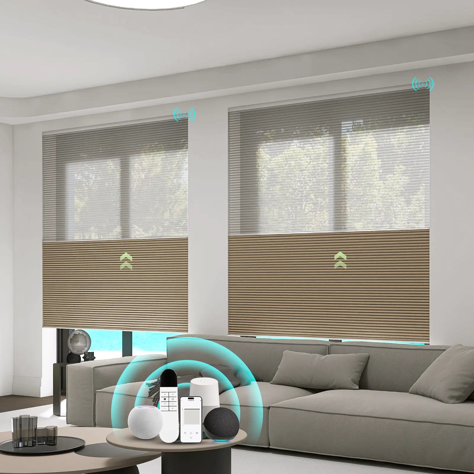 Motorized Day and Night Cellular Shades installed in a modern living room