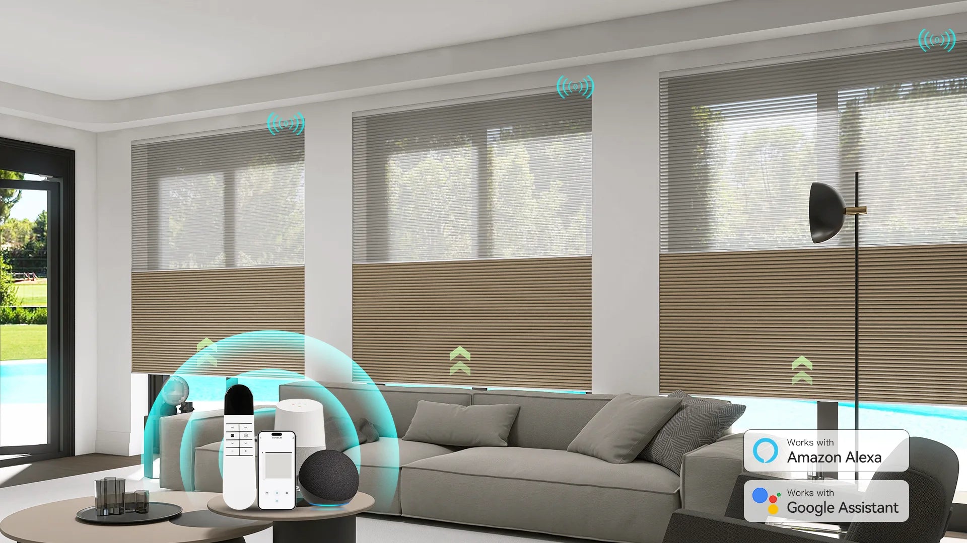 Motorized Day and Night Cellular Shades installed in a modern living room