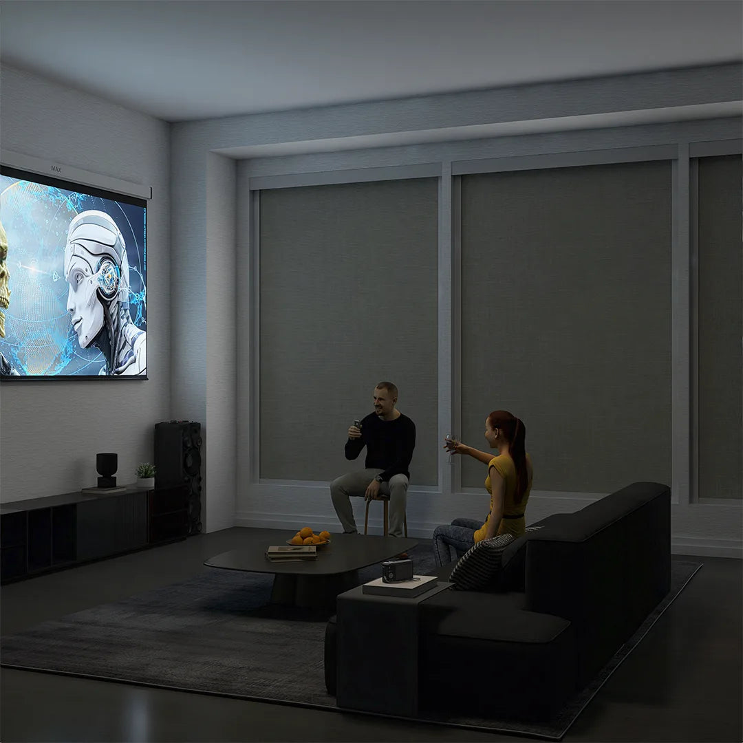 Motorized roller shades are perfect for controlling light in your media room.
