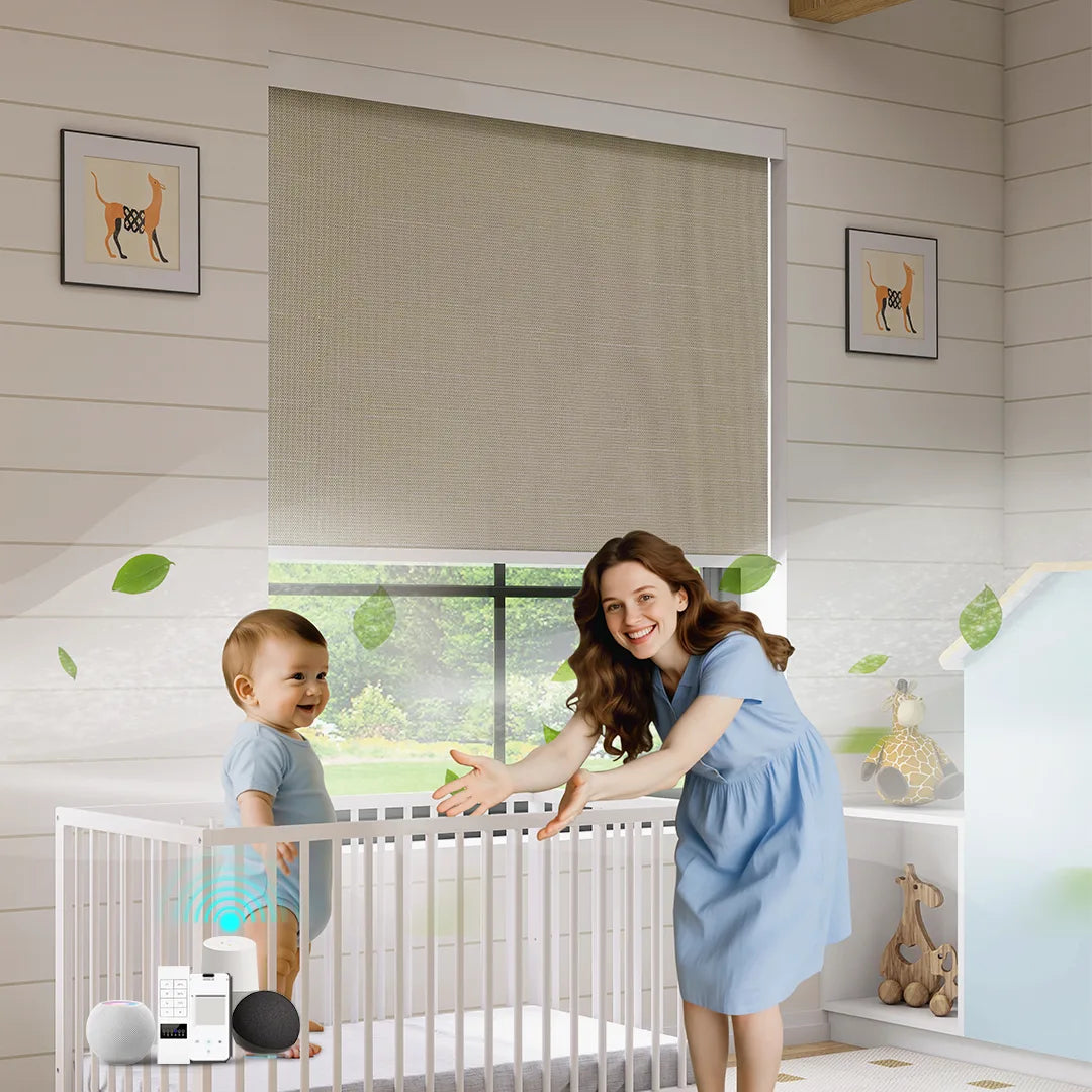 Motorized roller shades are perfect for controlling light in your nursery.