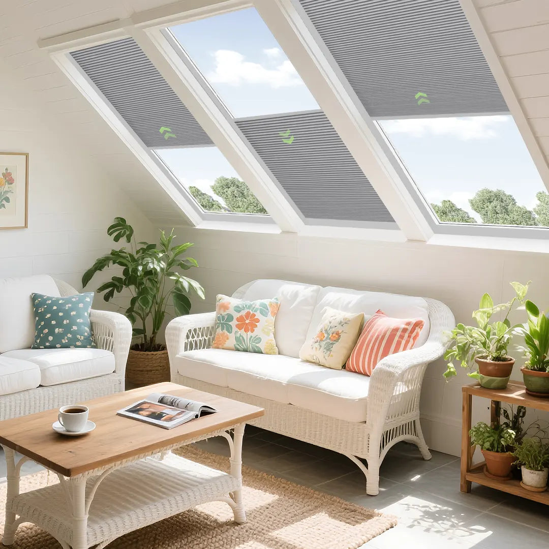 Motorized skylight shades installed horizontally on the ceiling of a sunroom, providing smart light control and energy efficiency.