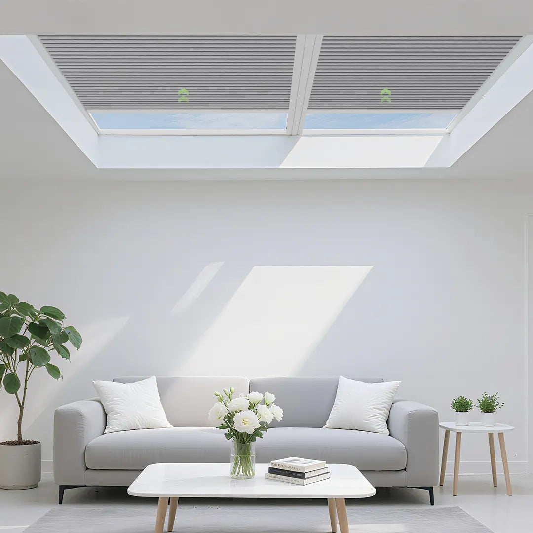 Motorized skylight shades installed on a sloped ceiling skylight in a sunroom, offering automated light control and energy savings.