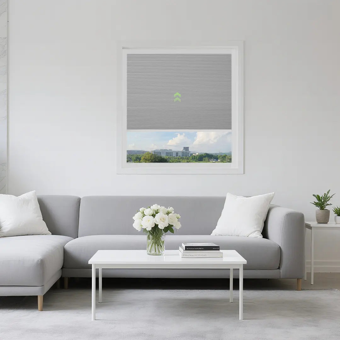 Motorized skylight shades installed vertically on a sunroom wall window, providing smart control and stylish shading.