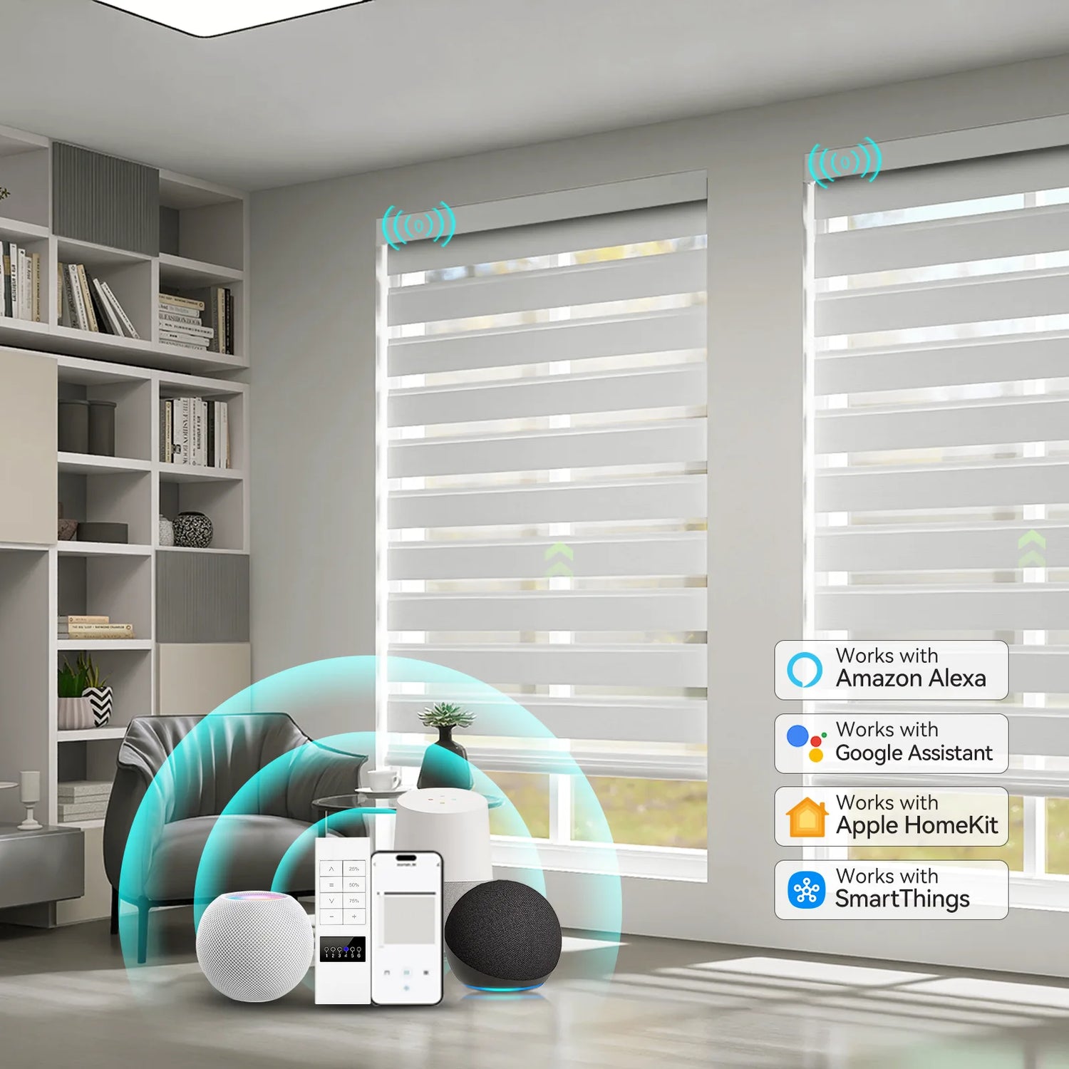 Motorized zebra shades installed in a contemporary home office setting