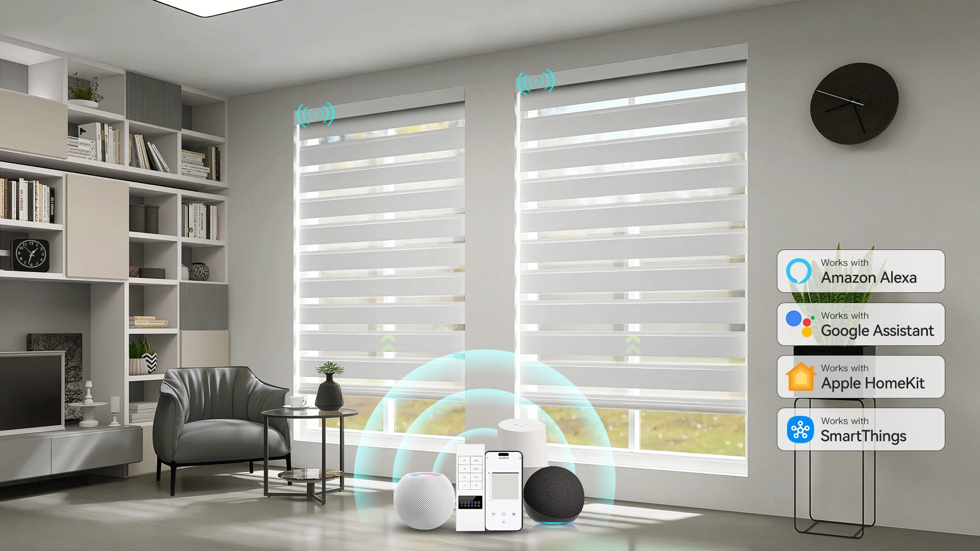 Motorized zebra shades installed in a contemporary home office setting