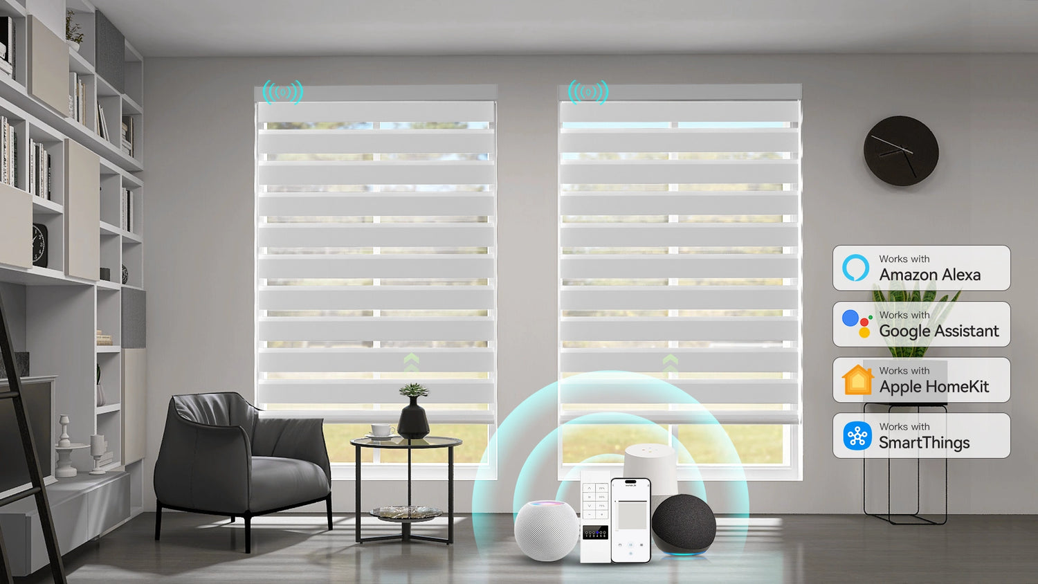 Motorized Zebra Shades in home office with sheer and opaque stripes