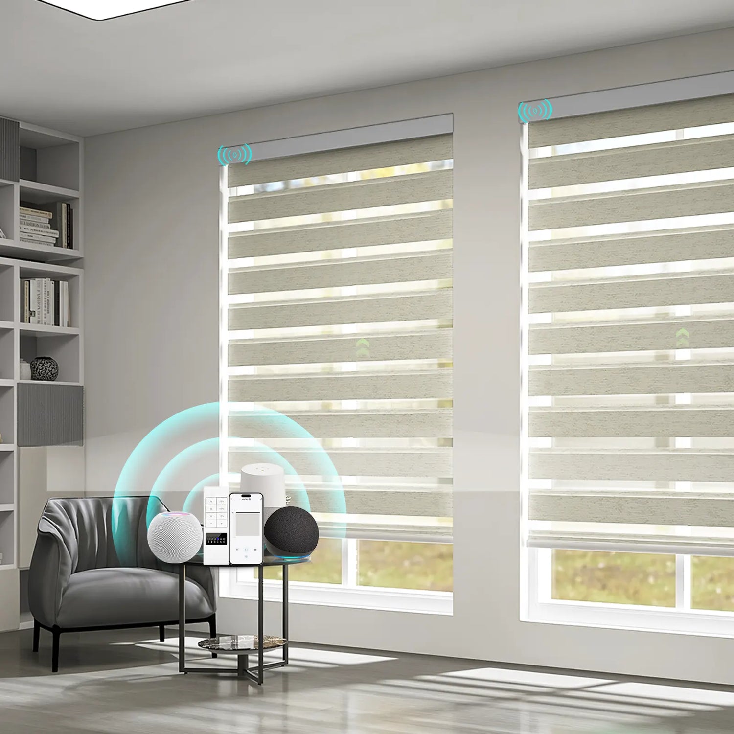 Motorized zebra shades in a modern home office providing 90% blackout