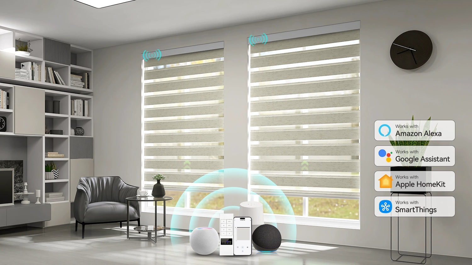 Motorized zebra shades in a modern home office providing 90% blackout