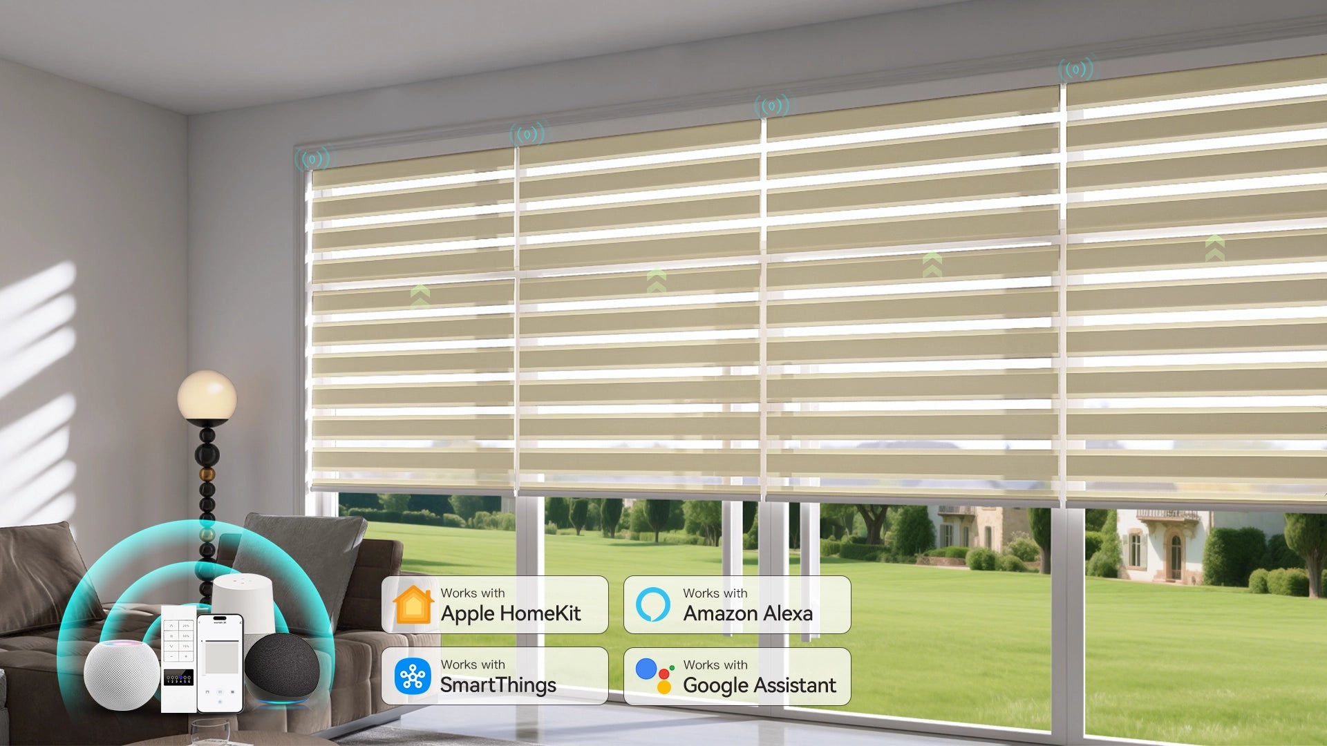 Motorized zebra shades in 70% blackout fabric installed in a contemporary living room