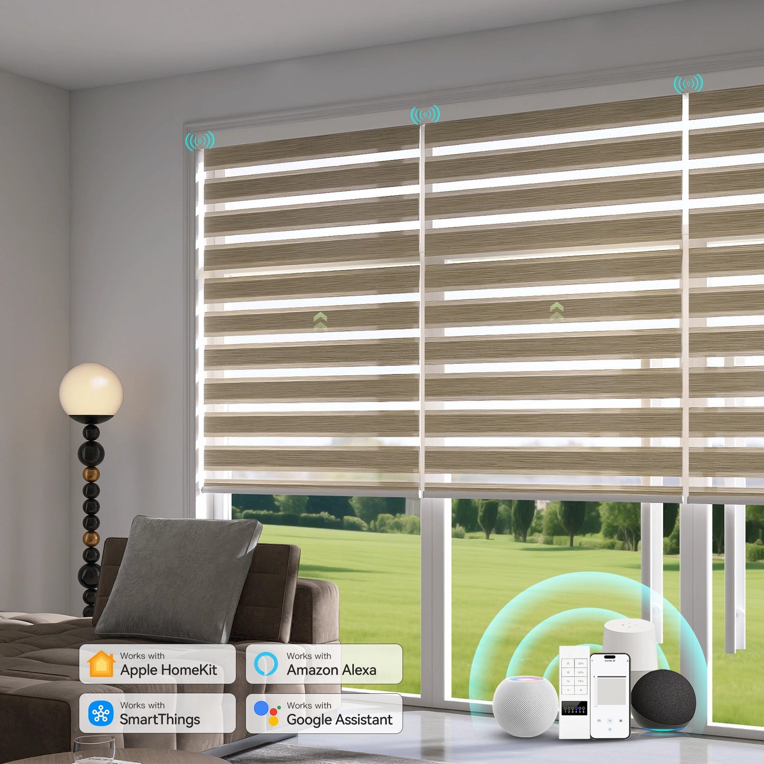 Motorized zebra shades in 70% blackout linen fabric installed in a bright living room