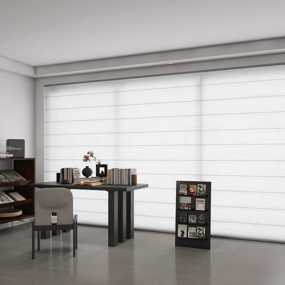 Privacy mode comparison in a home office with motorized Roman shades