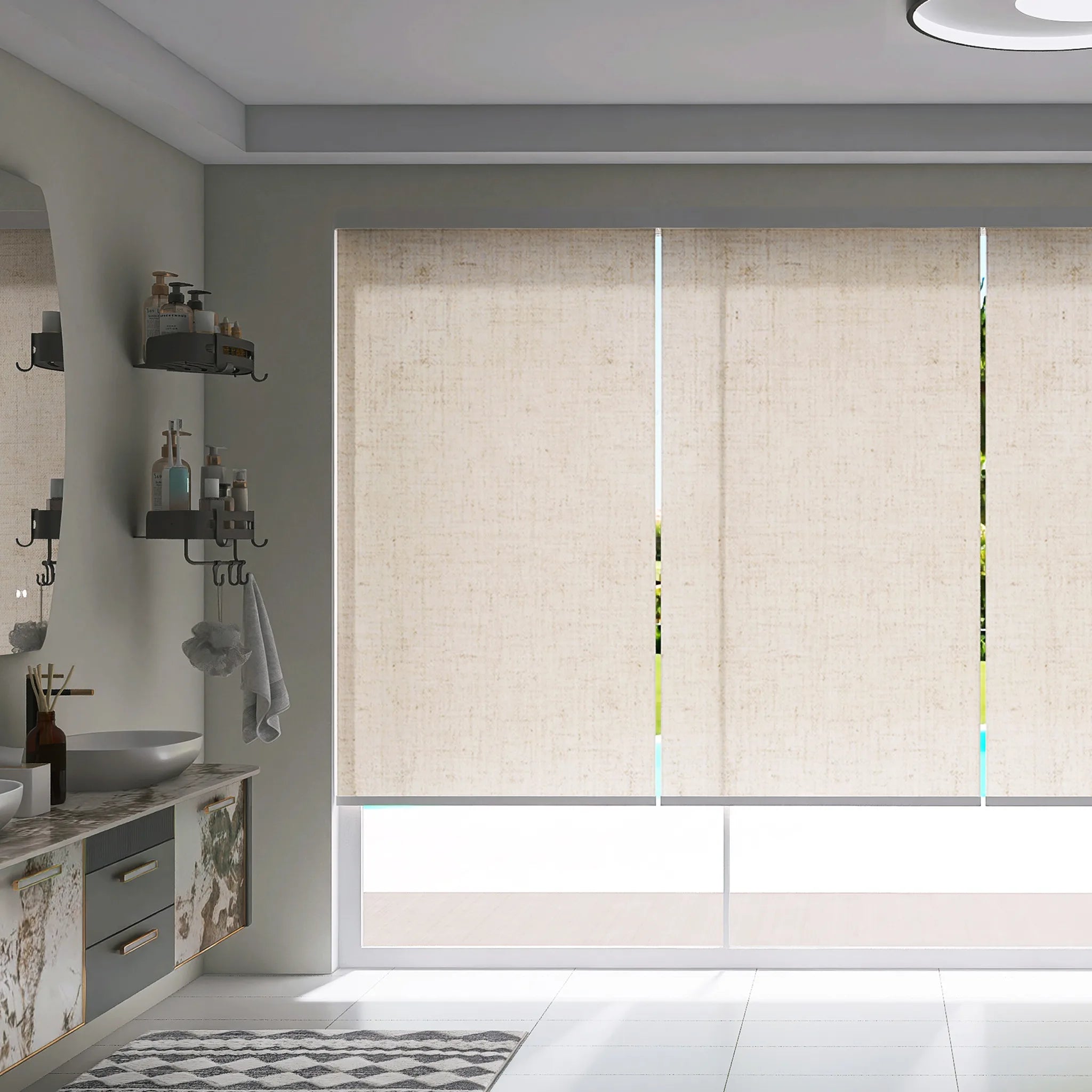 Motorized Privacy Roller Shades Half Closed in Bathroom