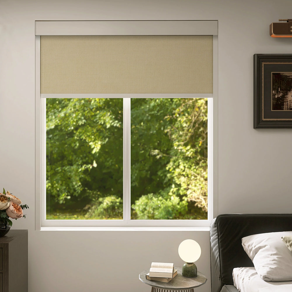 Roller shades half-open in a cozy bedroom