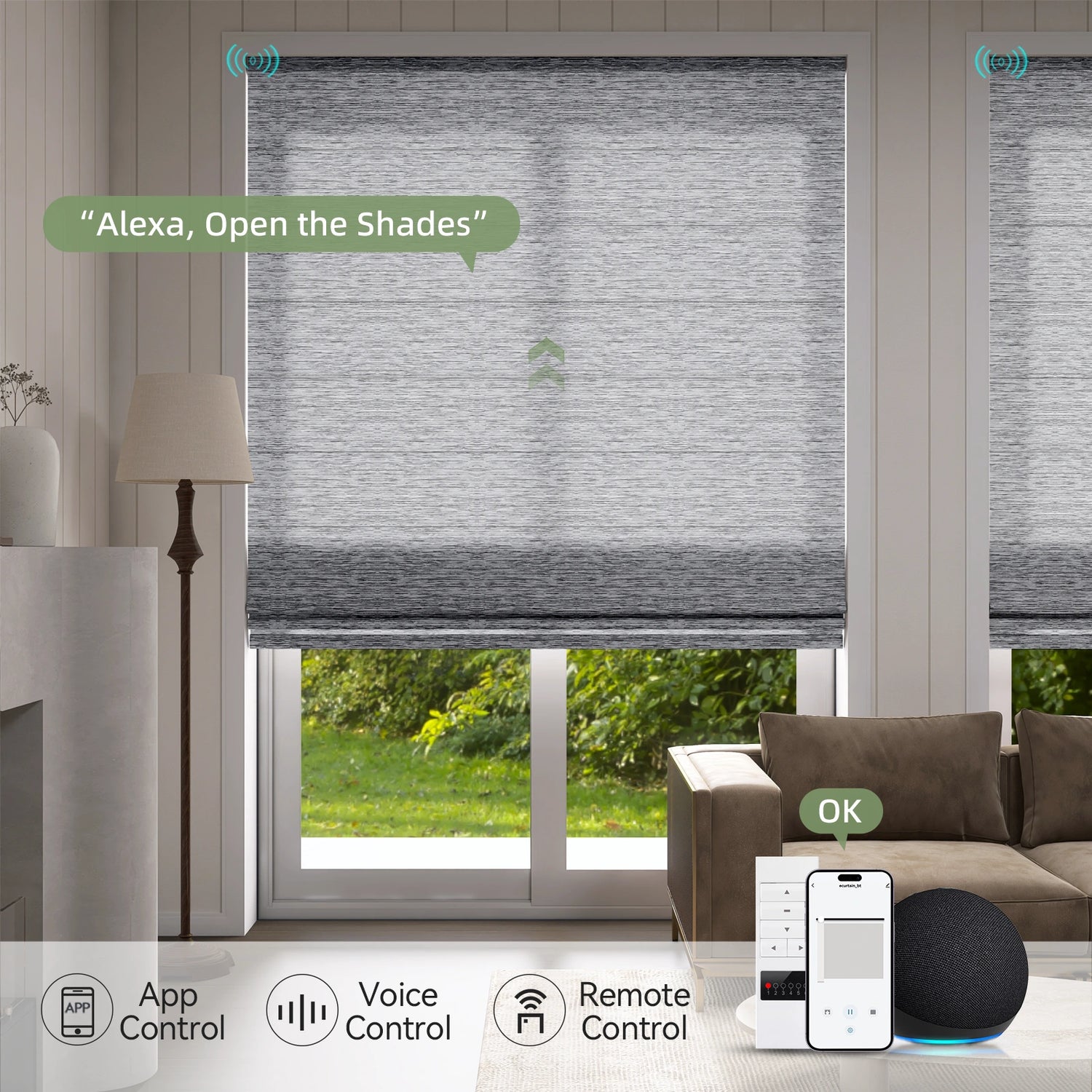 Controlling Roman shades via smartphone app in the living room.