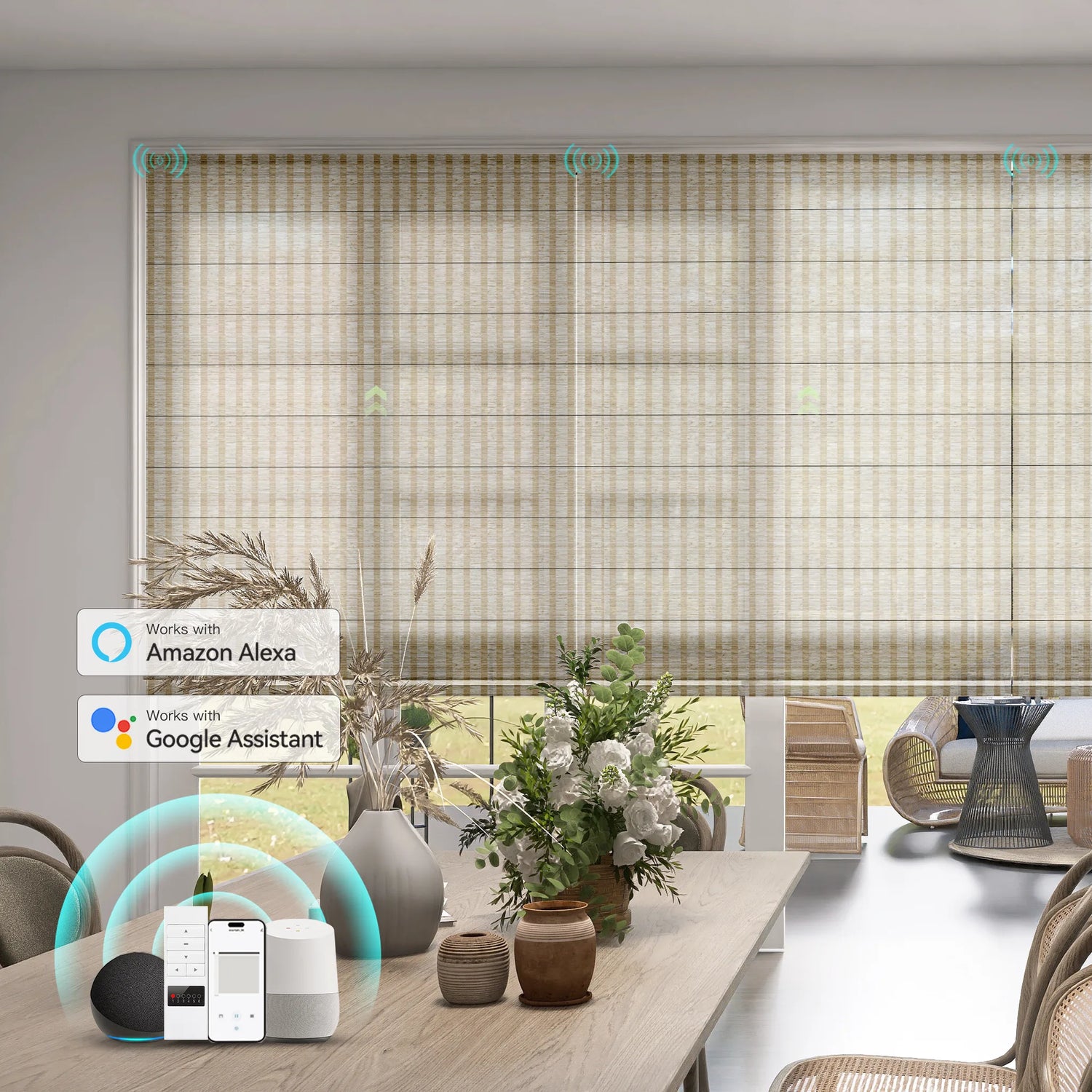 Modern living room with motorized Roman shades for light control and privacy.